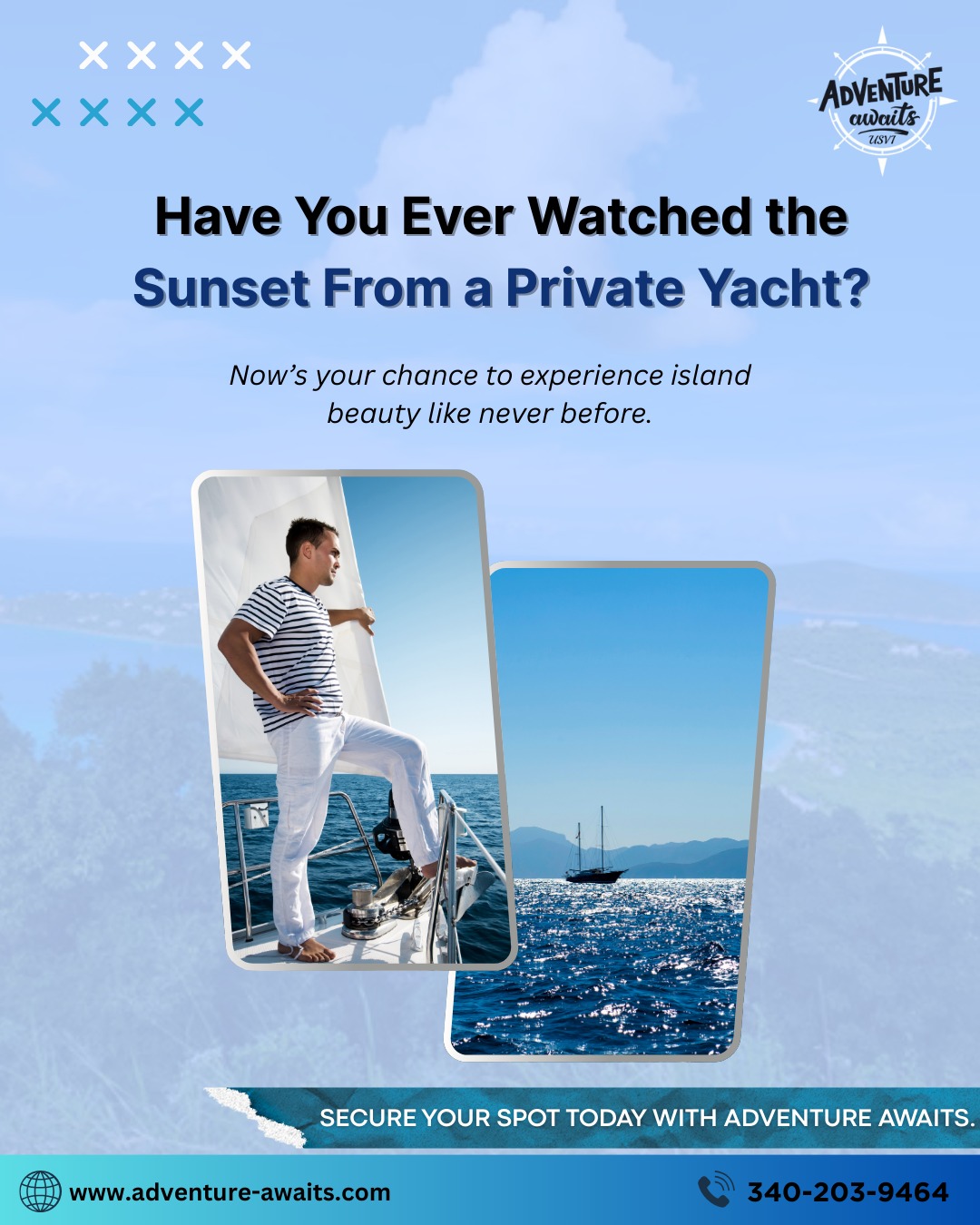 🌅 Sunset Views Like You’ve Never Seen✨
Now’s your chance to experience island beauty like never before — golden skies, gentle waves, and memories you’ll treasure forever. ✨🛥
Call 340-203-9464
or visit www.adventure-awaits.com to make this dream your reality. 🌊🌴
#AdventureAwaits #VirginIslands #USVI #StThomas #PrivateYacht #SunsetCruise #IslandEscape #CaribbeanVibes #OceanViews #TropicalGetaway #SailAway #BeachVibes #LuxuryTravel #VacationGoals #BucketListExperience #Wanderlust #RomanticGetaway #CaribbeanSunset #IslandHopping #YachtLife #ParadiseFound #TravelPhotography #SeaAdventures