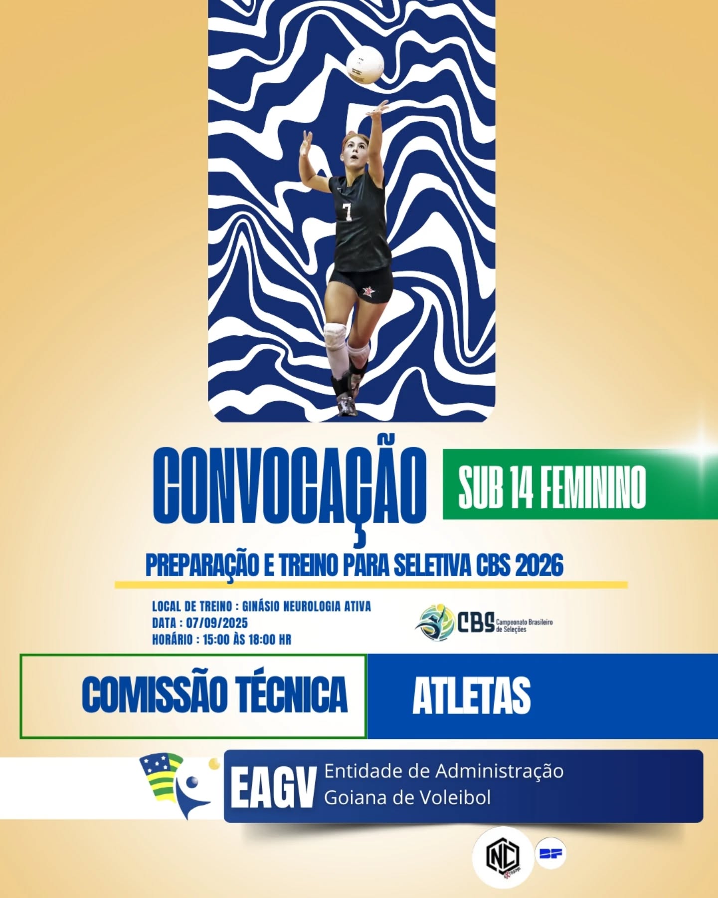 🏐✨ Convocação especial!
O futuro do voleibol goiano segue em movimento!
A EAGV – Entidade de Administração Goiânia de Voleibol anuncia o 2º Treino Preparativo da comissão técnica e das atletas do Sub-14 Feminino, rumo à Seletiva do Campeonato Brasileiro de Seleções 2026. 🌟
📍 Local: Ginásio Neurologia Ativa
📅 Data: 07/09/2025
⏰ Horário: 15h às 18h
É mais um passo de dedicação, aprendizado e muito voleibol! 🙌
Continue acompanhando tudo aqui no @eagv.oficial e vibre com a evolução das nossas futuras estrelas. 🚀🇧🇷