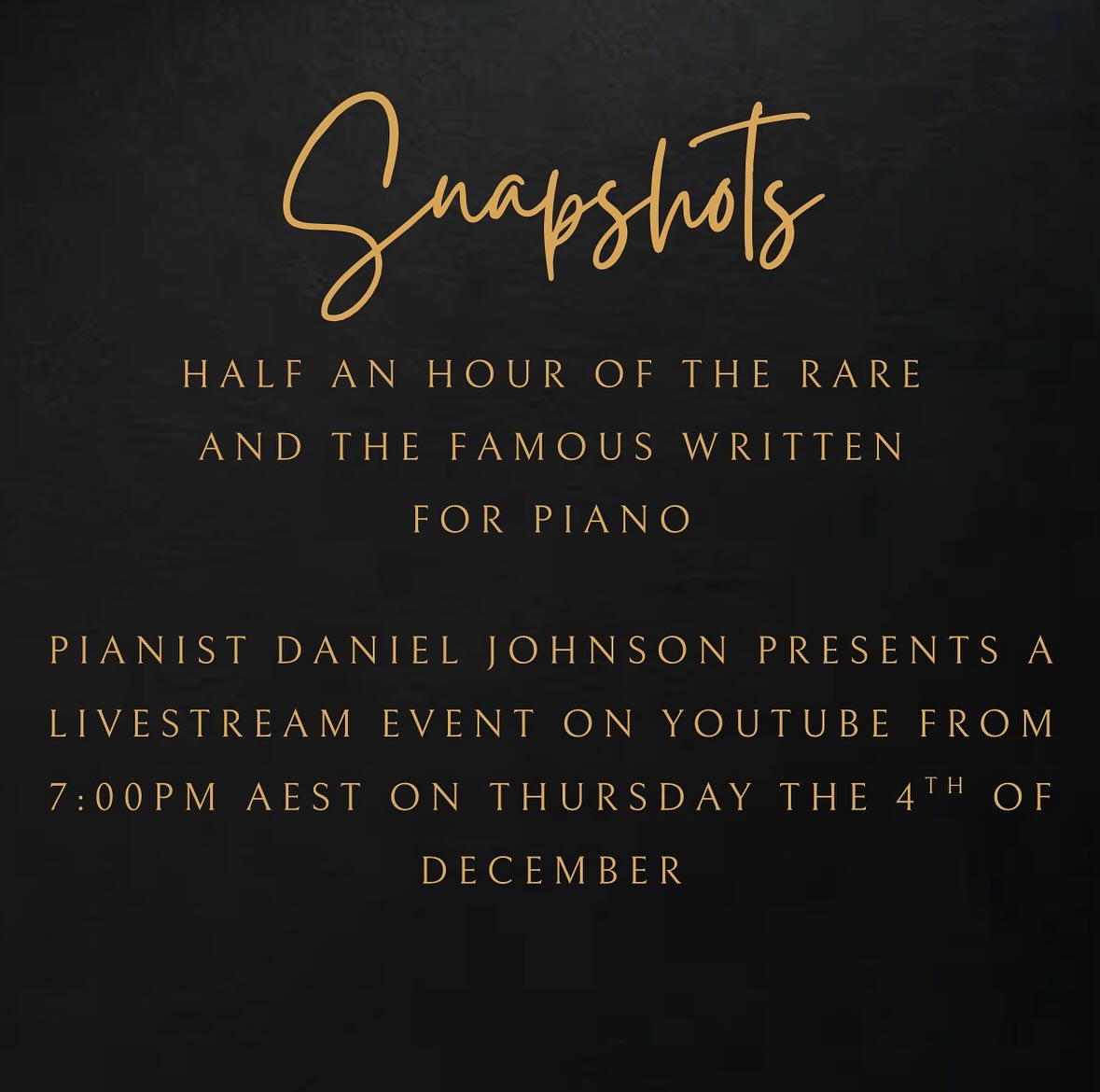 …an idea of mine that I’ve wanted to launch for a while. My undying love of rare music, solitude, and Australian music combine to create Snapshots. Four recitals a year, for free, completely and privately live streamed playing music that I love…for you. Each recital is brief, sometimes only half an hour in length, covering shorter works by composers very close to my heart. Swipe to see the program for the first recital coming in December. These are for you to just take ‘a moment’ and enjoy ♥️ #snapshots #ausmusic #australianmusic #chopin #miriamhyde #nicolemurphy #kirillmonorosi #robertkeane #scriabin @nicolejmurphy @kirill_monorosi #music #musician #australianmusiccentre @ausmusiccentre #potd #igers #pianistsofinstagram #piano #classicalmusic #danieljohnsonpianist
