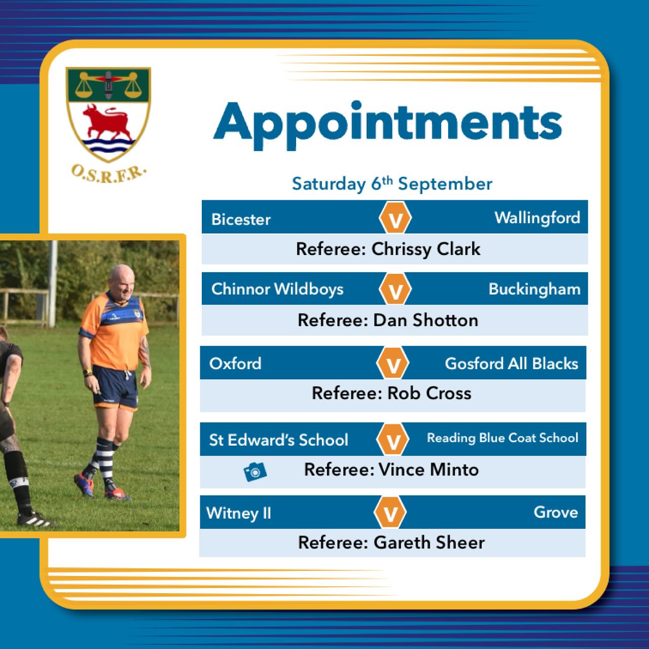 And we’re off! Our 25/26 season kicks off properly this week with the return of the leagues and a good few matches this week.
Stay tuned for updates this week as we get final confirmations through.
@bicesterrufc @wallingfordrfc @wildboysoutlaws_crfc @buckingham_rufc_official_ @oxfordrfc @gosfordallblacks @witneyrfc_official @grove_rugby @didcotrufc @wearesilverbacks @banburyrugbyclub @newburyblues @chipping_norton_rfc @tadleyrfc @oxfordquins @harwellrufc @banbury_belles @bicestervixens
#bepartoftheteam🌹 #keepyourbootson #rugbyreferee🏉 #refereeappointments #whistleblowers