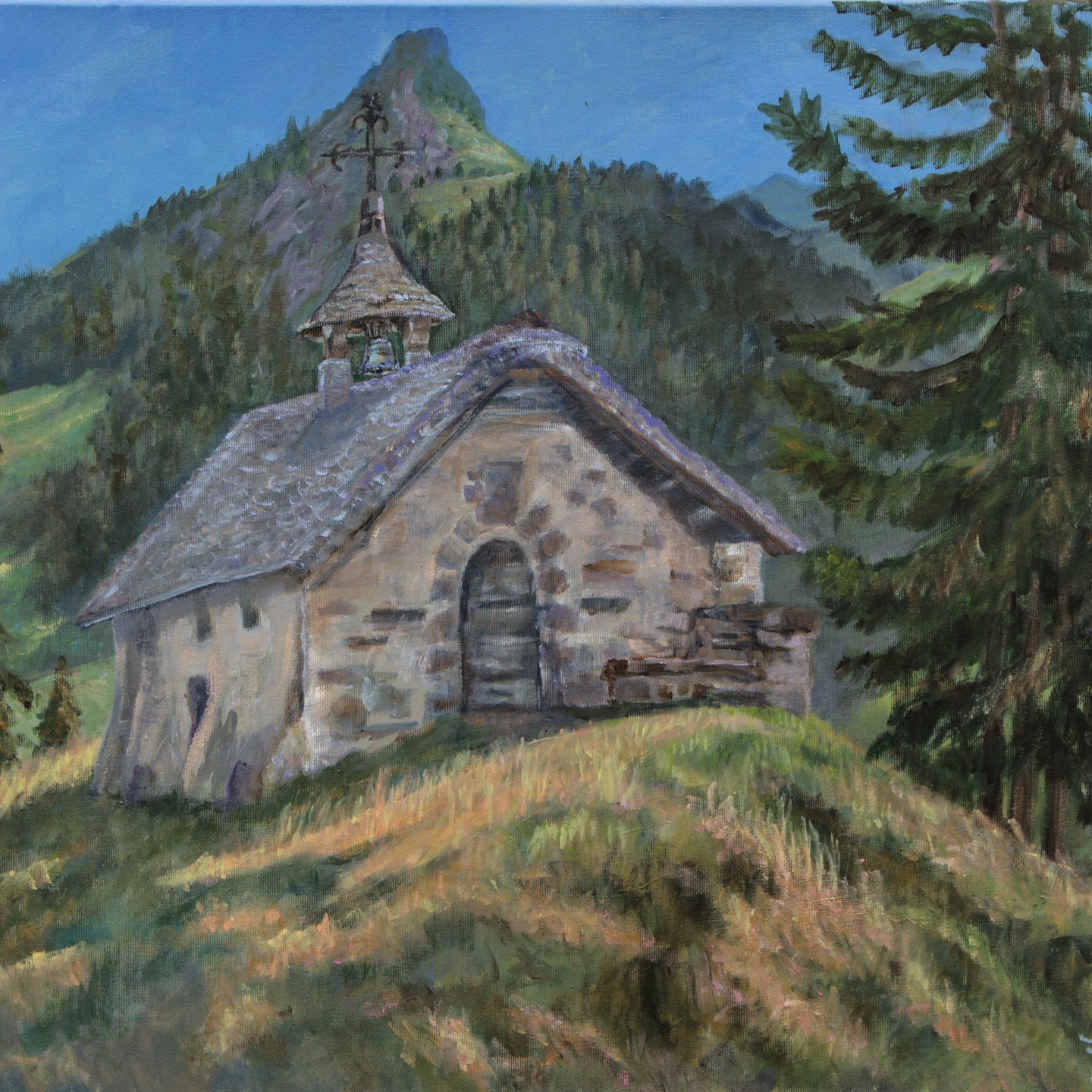 A detail of my new painting of the Chapelle du Gros-Mont, Val-de-Charmey, started en plein air on 9 July 2025.