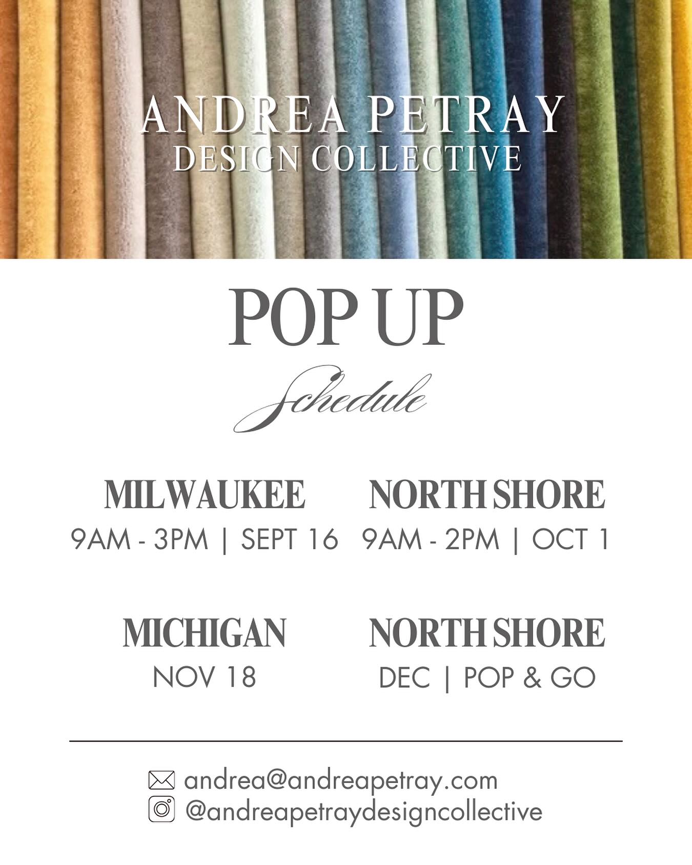 ✨ Fall Pop Up Schedule ✨
I’m excited to be on the road this season sharing new textiles, leathers, lighting, and furniture from Andrea Petray Design Collective’s represented lines.
📍 Milwaukee · Sept 16
📍 North Shore · Oct 1
📍 Michigan · Nov 18
📍 North Shore · Dec (Pop & Go)
Reach out if you’d like to set up a time to stop by — I’d love to see you!
#andreaontheroad #interiordesigncommunity #tradeonly #textiledesign #furnituredesign #designinspiration #luxuryinteriors #designpopup #designrep #interiordesigners