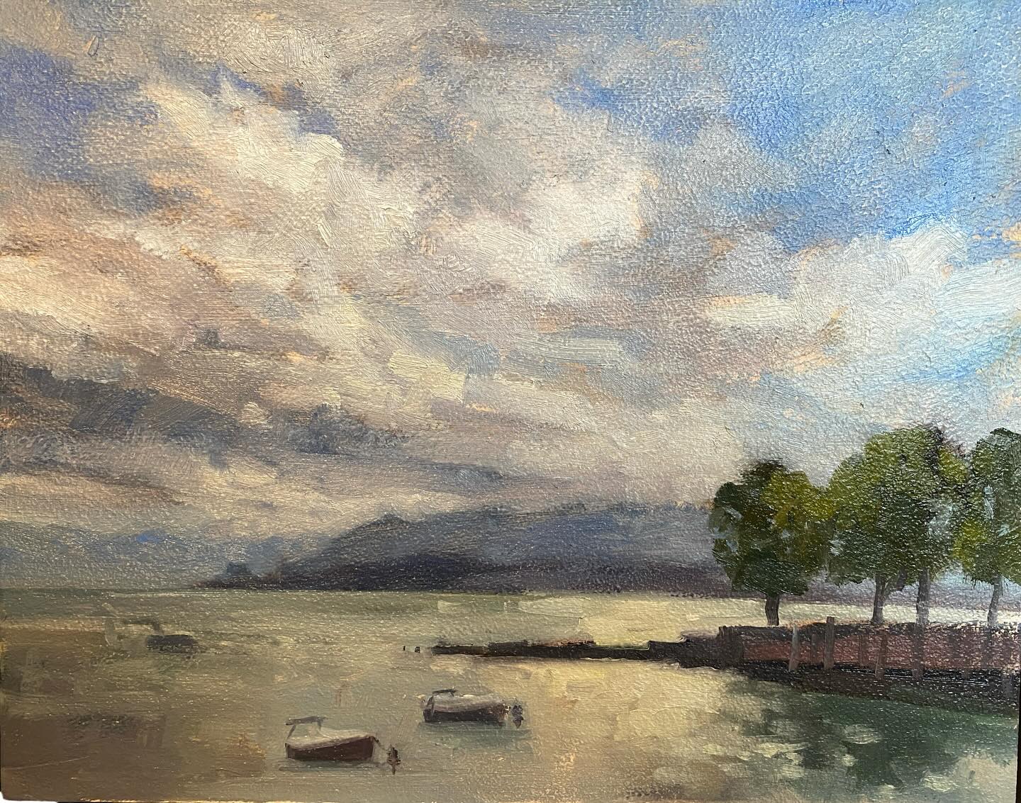 So I had a little plein air practise by Lake Geneva, squeezed in between beautiful warm sunshine ( as in the photo) and a very thundery shower that I thought I would sit out ( 1 hour and still going) . I think I should pack uk- but I haven’t resolved the boats being too small, nor the fact that my brain makes me warm all the colours up until they are unrecognisable. Oh well- it at least looks like a lake… with trees.. and boats… and I enjoyed it until I was frightened my tripod woukd turn in to a lightening conductor…
I am looking forwards to bringing the workshop here on Sunday!!
#paintingoutside #paintwithfriends #lausanneart #paintingworkshop #lakegeneva