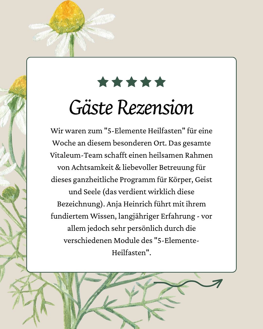 Vielen Dank für diese tolle Rezension eines Gastes, der uns im August besucht hat.
Wir freuen uns riesig über so tolles Feedback! 💚
#Rezension #Danke #AugustMomente #AuszeitGenießen #ErholungPur #Feedback #UrlaubBeiUns #NaturGenießen #Wohlfühlmomente #VitaleumResort #5ElementeHeilfasten