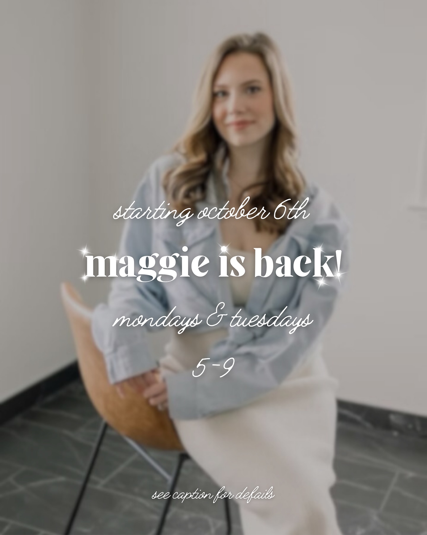 ✨ She’s baaack! ✨
We’re so excited to welcome Maggie back from maternity leave starting October 6th! 💕
Her new hours are:
📅 Mondays | 5–9 PM
📅 Tuesdays | 5–9 PM
At this time, Maggie isn’t taking online bookings, but you can call or text us at 445-235-3261 to reserve your spot. 💛
Spots will go quickly, don’t wait to snag your appointment!