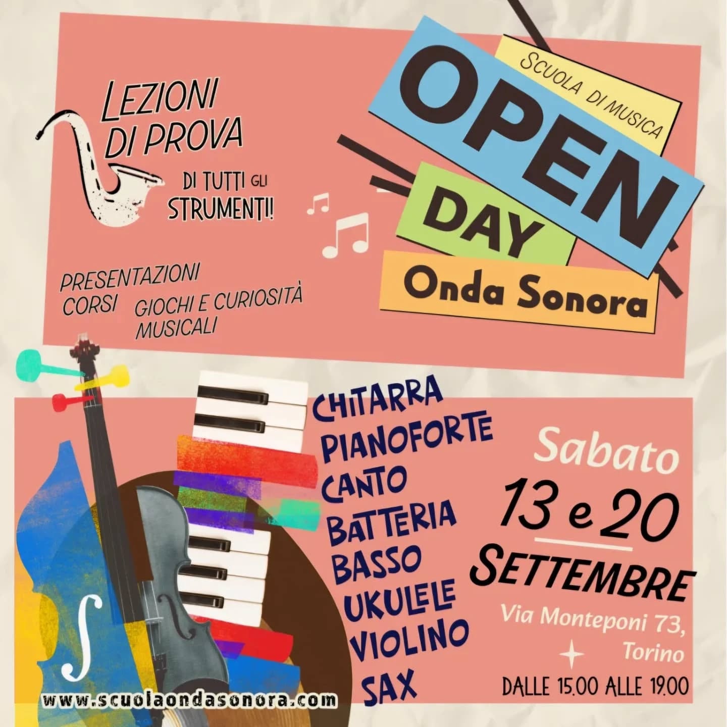🤩 Un mondo musicale da esplorare!!
Vieni a provare tutti gli strumenti nelle due giornate di OPEN DAY!🎶
🌈 Workshop, curiosità musicali e tanta musica!
👉 Sabato 13 settembre e sabato 20 settembre dalle 15.00 alle 19.00
✌️ Senza bisogno di prenotazione!
Tutti i dettagli su: www.scuolaondasonora.com 🎼
Non puoi venire? Scrivici al 3407721426 o sul sito e ti daremo tutte le indicazioni per prenotare la tua prova gratuita!