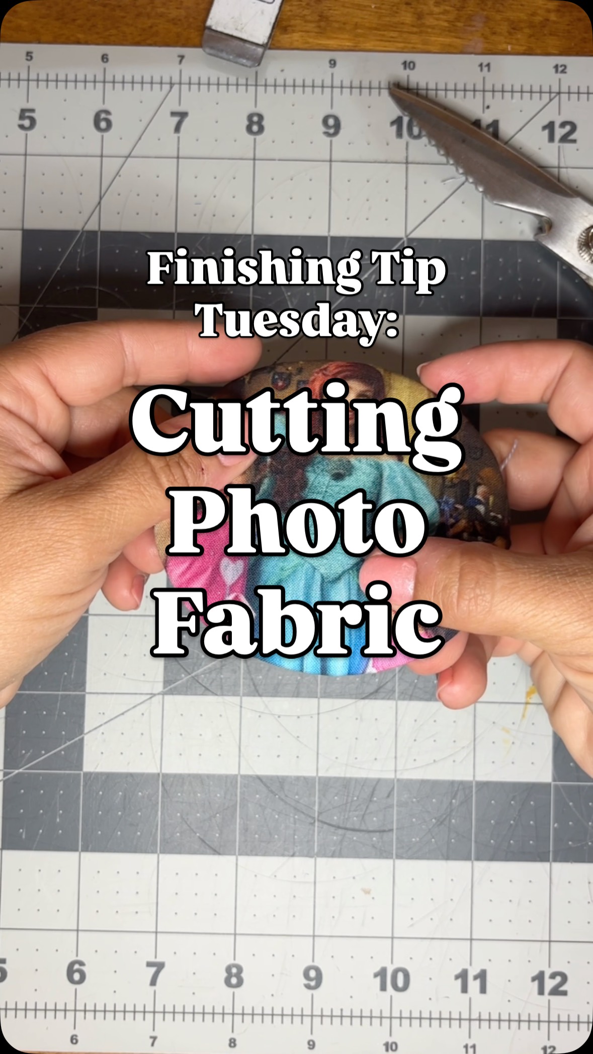 Cutting Photo Fabric:
Would you believe this is the first time I’ve had to cut photo fabric?
I saw I didn’t have a lot of room to waste and wanted to keep these two cute faces in line so here’s what I did:
✂️ Traced and cut the shape of the front canvas from a clear ziplock bag (any clear material will do)
🎯 made sure to center the clear circle on the photo and traced a larger circle for cutting, adding roughly an additional 3/4” inch
🪡 laced and proceeded as usual!