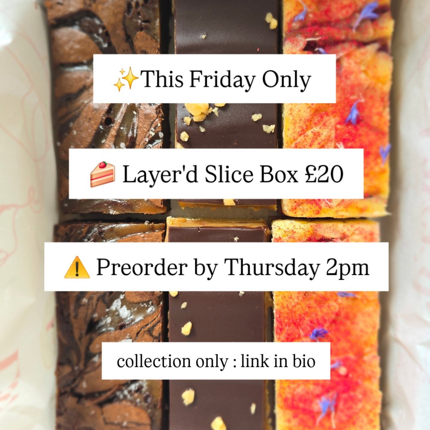 🍰 Friday Slice Box Preorders are now open 🍰
6 perfectly sized slices of our favourite traybakes, all ready for your weekend 🙌🏻
- 2x salted caramel brownies
-2x Millionaire's Shortbread
-2x Frangipane Slice
All handmade with wildfarmed flour, free-range eggs, all butter & real chocolate ➡️ eat good cake!
⚠️ Pickup : Friday 2-3pm, Darley (Mill Hurst Business Park)
🛒 Order by Thursday 2pm
💷 £20 / Preorder only / Link in bio
👀 Next week...bread & pastries join the party 🥐
#layerd_cakes #eatgoodcake #freshbakes #sliceofheaven #linkinbio #realcakes #indie
#instagood #harrogatecakes #nidderdalecakes