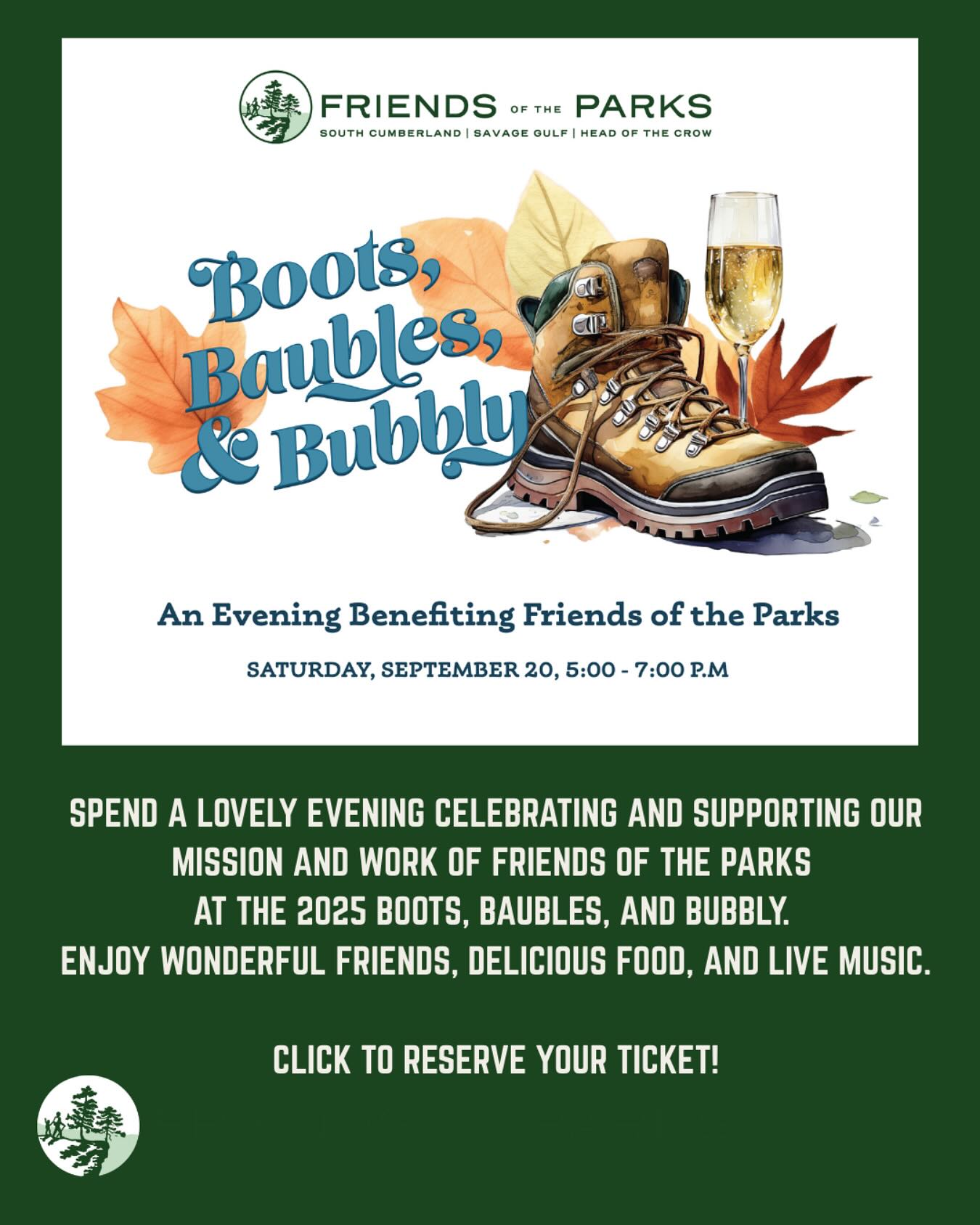 Join us Saturday, SEPT 20th for Boots, Baubles & Bubbly! Enjoy an evening of fun, food, friends & live music—all in support of Friends of the Parks!
PURCHASE TIX AT LINK IN BIO