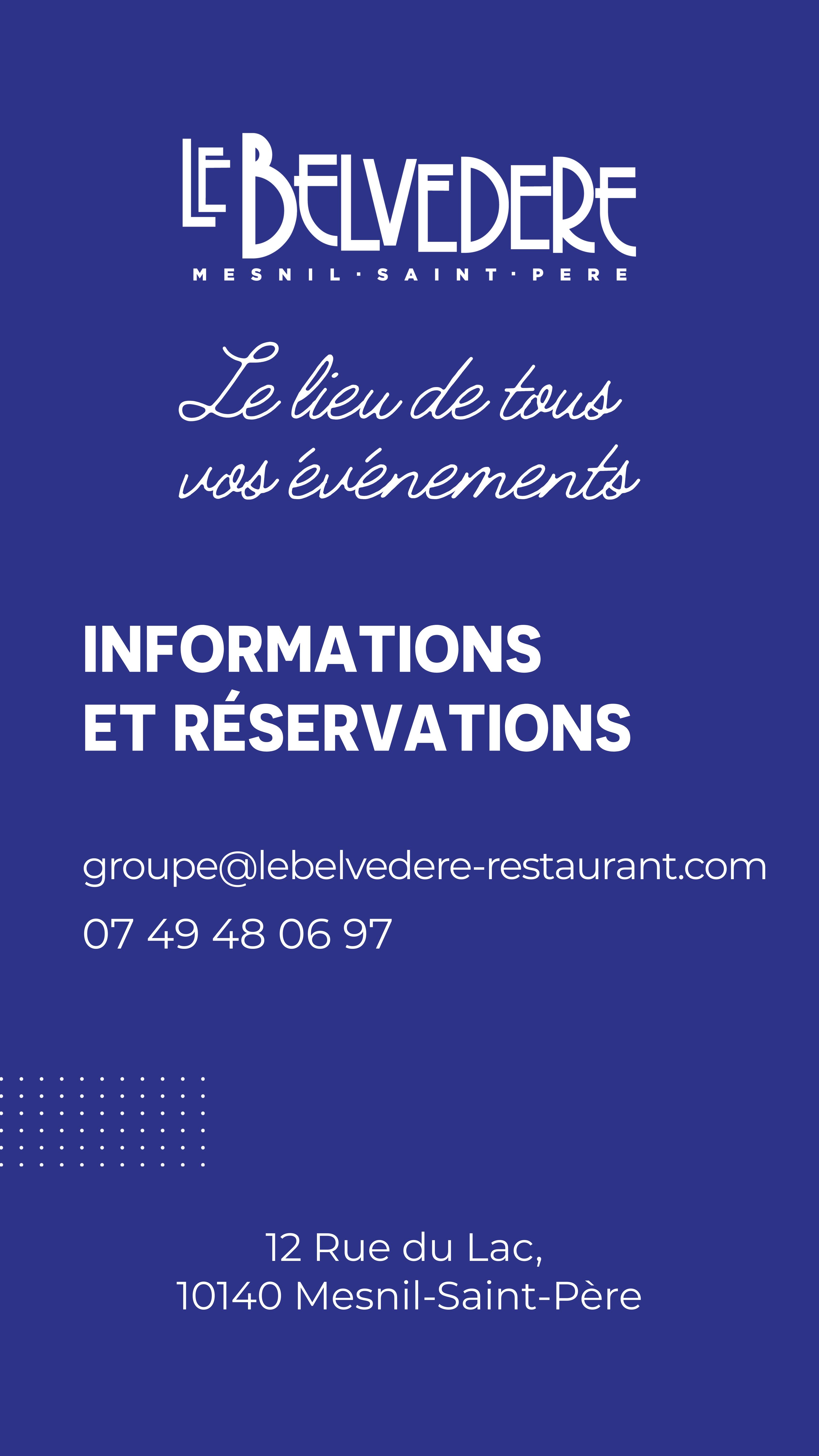 ✨ Offrez à vos événements un cadre d’exception ✨
Face au lac de la Forêt d’Orient, le Restaurant Le Belvédère vous accueille dans une brasserie contemporaine pensée pour vos plus beaux moments.
✨Anniversaires, baptêmes, communions, mariages
💼 Repas d’entreprise, séminaires, réunions
Un lieu chaleureux et élégant pour créer des souvenirs uniques toute l’année.
Informations & réservations :
📩 groupe@lebelvedere-restaurant.com
📞 07 49 48 06 97
📍 Restaurant Le Belvédère – 12 rue du lac, 10140 Mesnil-Saint-Père
✨ Nous avons hâte de vous recevoir.