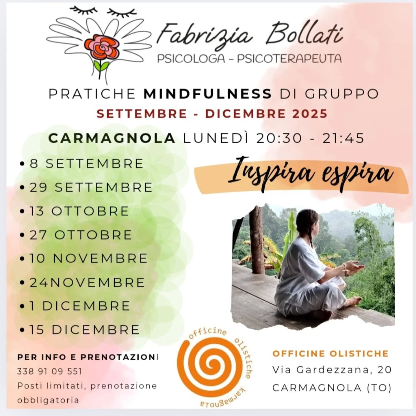 ✨ Pratiche Mindfulness di gruppo ✨
Con settembre tornano i nostri incontri serali dedicati a ritrovarci, respirare insieme e coltivare presenza e consapevolezza. 🌿
📍 Carignano • Carmagnola • Perosa Argentina • Torino
🗓️ Trovi tutte le date nelle locandine
💌 Per informazioni su costi e prenotazioni puoi scrivermi direttamente.
+39 338 91 09 551
🙏 Se pensi che possa interessare a qualcuno che conosci, condividi il post: sarà un dono prezioso.
💫 Ti aspetto con gioia,
Fabrizia