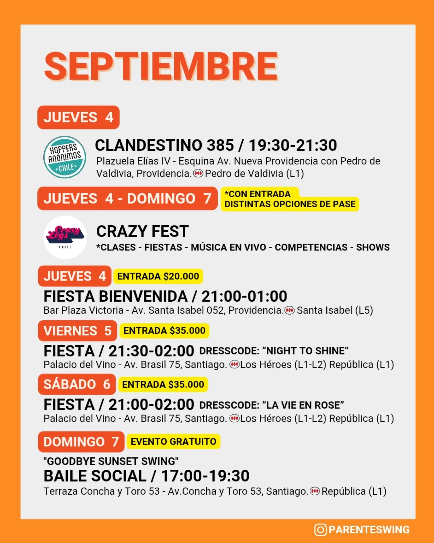 ✨Todos los eventos son gratuitos y abiertos a todo público, a menos que se indique valor de entrada 💸
‼️Cualquier modificación o nuevo evento en los comentarios👇🏻 y/o por historias 👆🏻
🤔 Qué es una Jam, Clandestino o Baile Social?
Una instancia donde fanáticos de los bailes swing (Lindy hop, Balboa, Shag, Solo jazz) se reunen a compartir, hacer comunidad y a la vez, practicar.
❌ Las actividades publicadas NO son instancias de clases para aprender a bailar, a menos que se indique “Taller” o “Clase Abierta”.
👀 Quieres aprender a bailar?
En nuestra historia destacada “CLASES” está toda la información y formularios de inscripción a los cursos del mes de las escuelas de bailes swing ✨
Nos vemos en la pista! 💃🏻🕺🏻🔥
#danzachile #lindyhopchile #swingchile #bailechile #eventoschile #danzasantiago #santiagodechile #panoramasgratis #swingdancechile #swingdancingchile #lindyhopperschile #panoramasgratis #panoramagratis #santiago