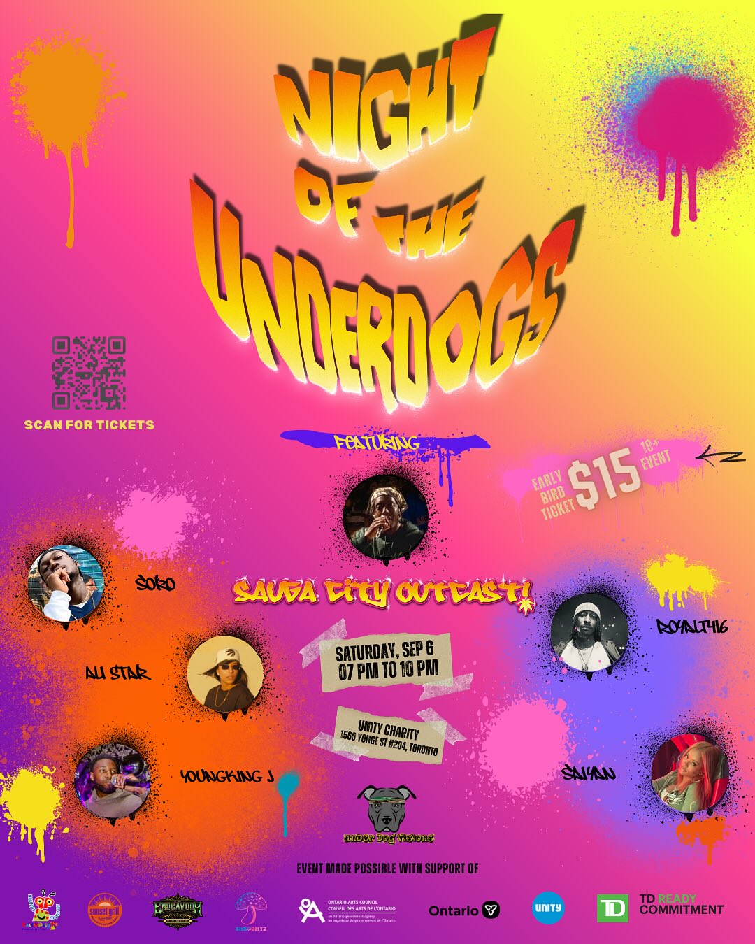 On Sept 6, @saugacityoutcast is shutting down Unity Charity Studios for a night of real bars, real stories, and real music in the heart of YYZ.
Pull up for Sauga City Outcast’s brand new EP drop, plus live sets from Ali Star, Soro, RoyalT416, YoungKing J, and Saiyan.
🎟 $15 Early Bird until Aug 18 / $20 after (+19)
🍹 Food + Drink and a free entry to win giveaways (with prizes valued at $300)
🛍 Merch. Food. Drinks. Vibes.
📍 1560 Yonge St #204, Toronto
Come out to support up-and-coming artists in the 6ix. Link in bio for tickets.
#TorontoHipHop #SaugaCityOutcast #EPRelease #UnderDogVisions #TorontoEvents #HipHopToronto #MusicToronto #LiveMusicToronto