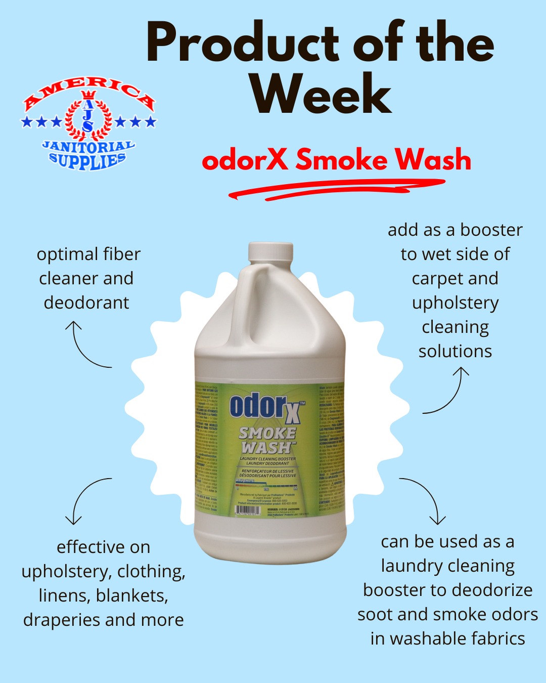 🔥 Product of the Week: ODORx Smoke Wash 🔥
Say goodbye to stubborn smoke & soot odors! 🚭✨
This powerful fiber cleaner + deodorizer works wonders on upholstery, clothing, linens, draperies & more. Use it as:
✔️ A laundry booster to freshen up fabrics
✔️ A solution add-in for carpet & upholstery cleaning
✔️ A “dry foam” cleaner for deep odor removal
One solution, countless ways to keep fabrics fresh & clean. 🧺🛋️
👉 Available now at America Janitorial Supplies.
#OdorControl #SmokeWash #JanitorialSupplies #AJS #WeKeepItClean