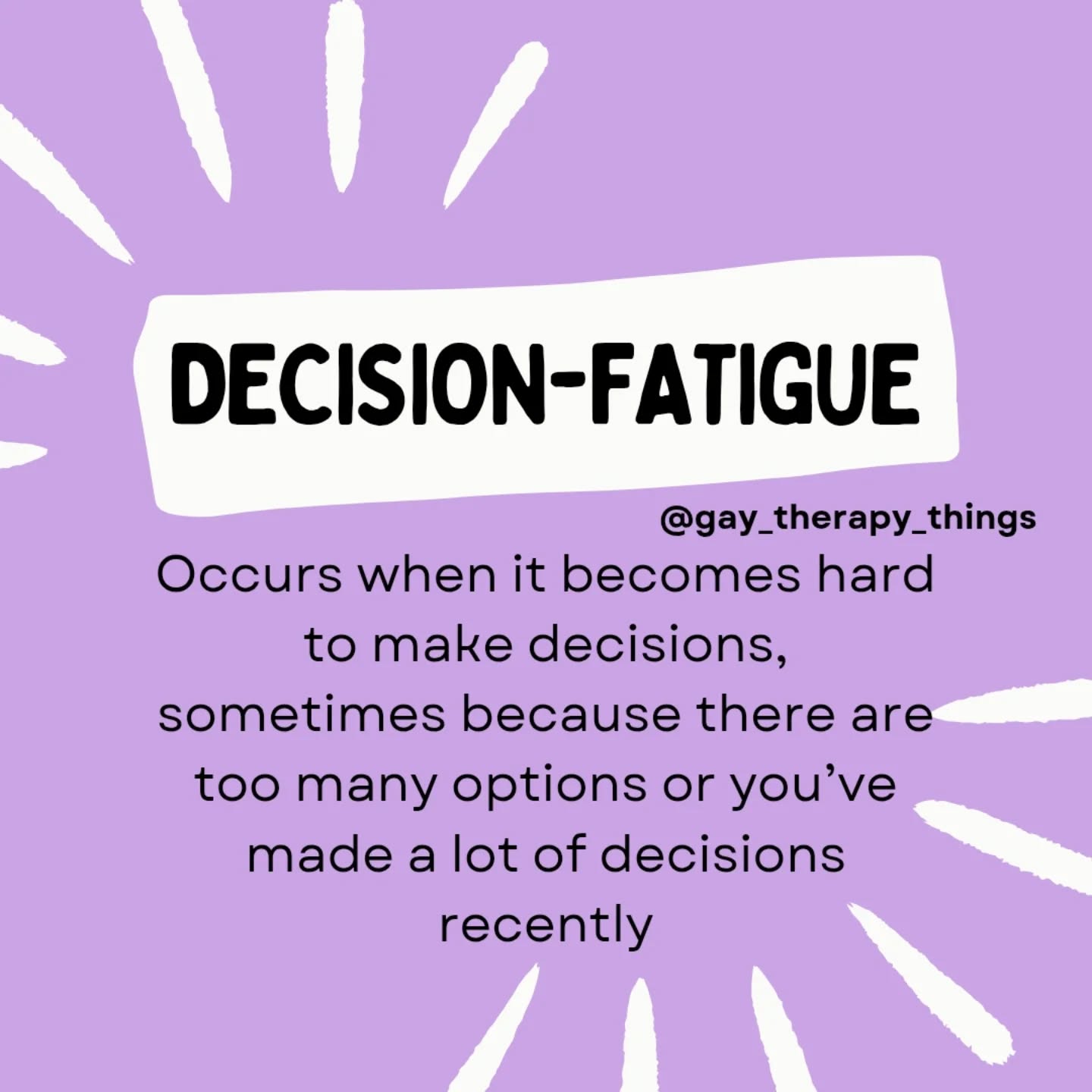 Do you ever have moments where you want to punch the next person to ask for your opinion on something?? Decision-fatigue (DF) is a state of exhaustion that has many causes and many solutions.
The best solutions are preventative - but these aren't necessarily simple! Add systemic disenfranchisement and capitalism to this and... Yeah, it's complicated!
We all experience DF, and that doesn't mean we're doing something wrong. But if you find that you experience chronic DF, have difficulty implementing positive changes to reduce DF, or don't even know where to start, it might be time to call in the big guns (metaphorical therapy guns, of course!).
Head to the link in my bio to book a free 15-minute consultation today!