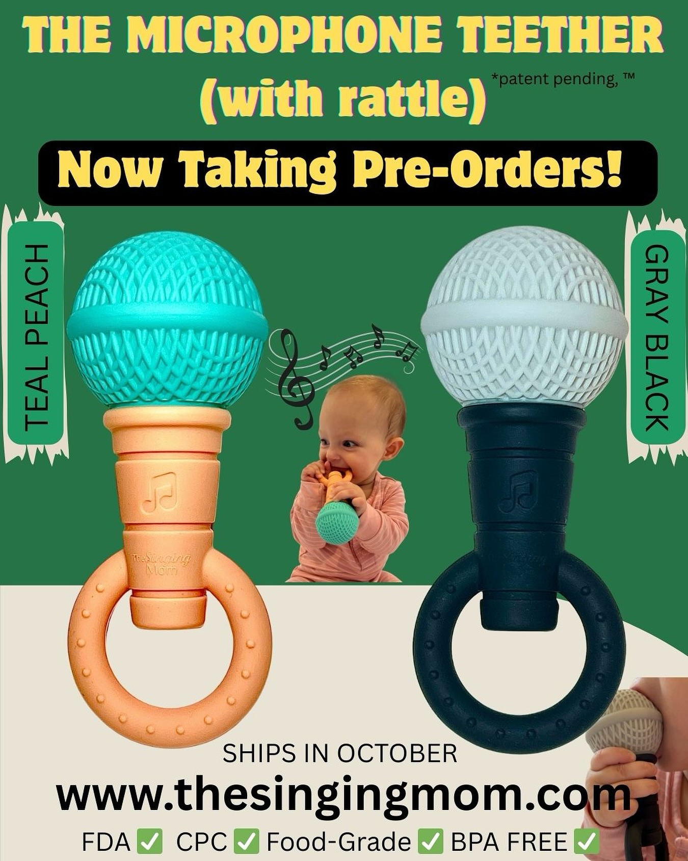 🛍️ PRE ORDER yours TODAY🙂 Baby teething? Baby bored? You are in the right place! It’s also the perfect gift for pregnant mamas, the cutest baby registry/shower item! *Expected to ship in October.
(We will also be launching our product on Amazon in early November!)
This BPA-FREE, food-grade silicone microphone teether comes with a rattle inside and doubles both as a shaker and play pretend toy. It is safe from birth, and will grow with your child into the first few years of their life!
Our multi-sensory teether will add lots of musical fun, tactile exploration, motor skills practice and many other benefits to your baby’s rough teething days. READ MORE on our website and reserve your favorite color(s) TODAY!!
#babyteether #babytoys #teethingbaby #musicalbaby #singingbaby #babysinging #momlife #toddlerfun #microphoneteether #bpafreesilicone