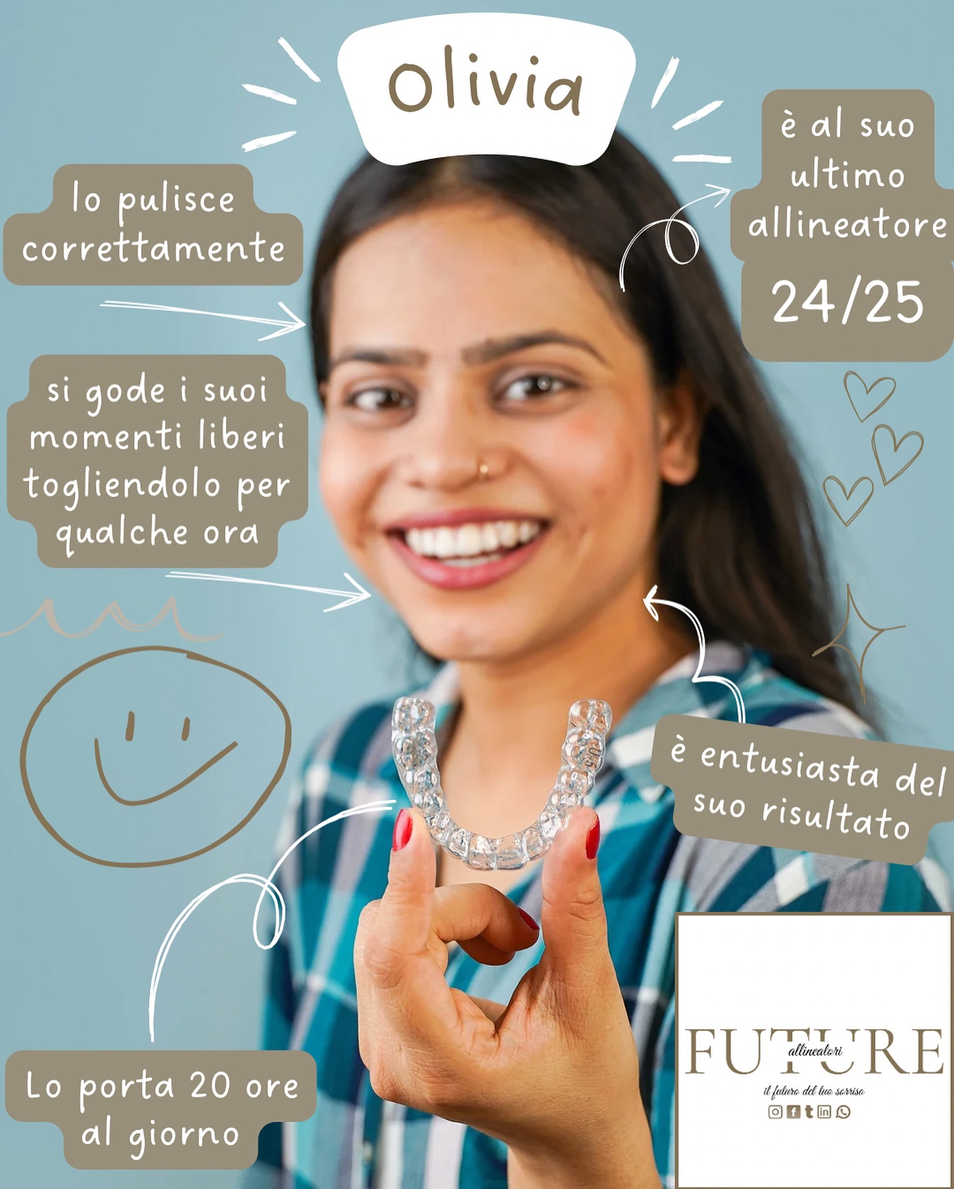 ✨ Il sorriso di Olivia parla da solo! ✨
Con il suo allineatore (24/25) ha quasi raggiunto il risultato che desiderava: un sorriso dritto, naturale e luminoso. 😍
🔹 Li indossa 20 ore al giorno
🔹 Li pulisce correttamente
🔹 Si gode i suoi momenti liberi senza rinunce
🔹 Ed è entusiasta del suo risultato!
Vuoi anche tu trasformare il tuo sorriso con la stessa semplicità?
👉 Scopri di più su www.futureallineatori.it
Il futuro del tuo sorriso inizia da qui. 🦷✨
⸻
#futureallineatori #allineatoritrasparenti #smiletransformation #sorriso #denti #smilegoals #aligners #invisiblesmile #dentalsmile #sorridiconfiducia #futureisnow #orthodontics #smilejourney #dentistitalia #dentalcare