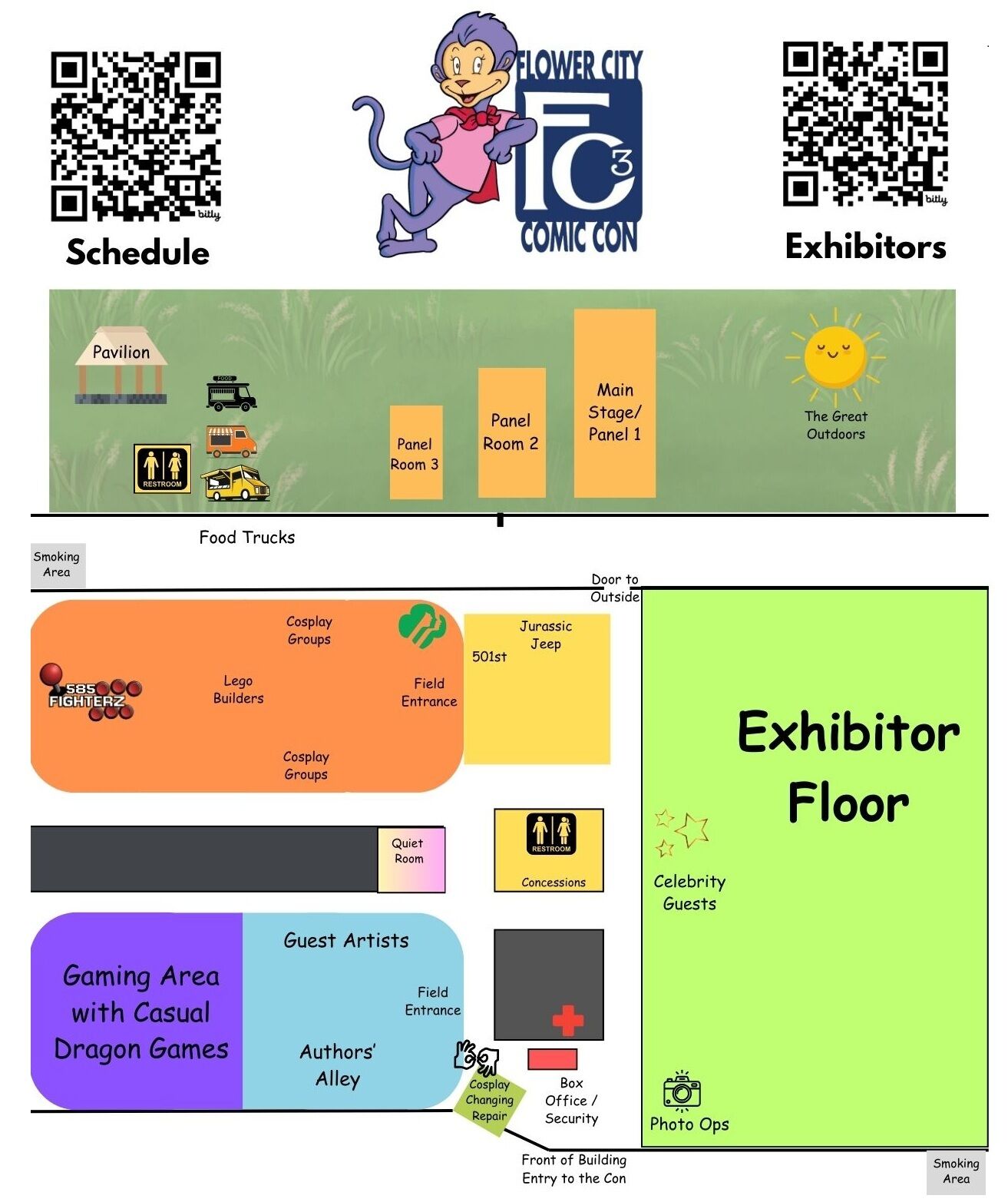 This will be on the back of the Simi comic book you'll receive as you enter the door, but this is just so you can get a heads up of the overall layout of the con this weekend. We are busy getting everything ready, and we can't wait to see everything this weekend! #FC32025 #ExperienceFC3 #WhereItAllComesTogether