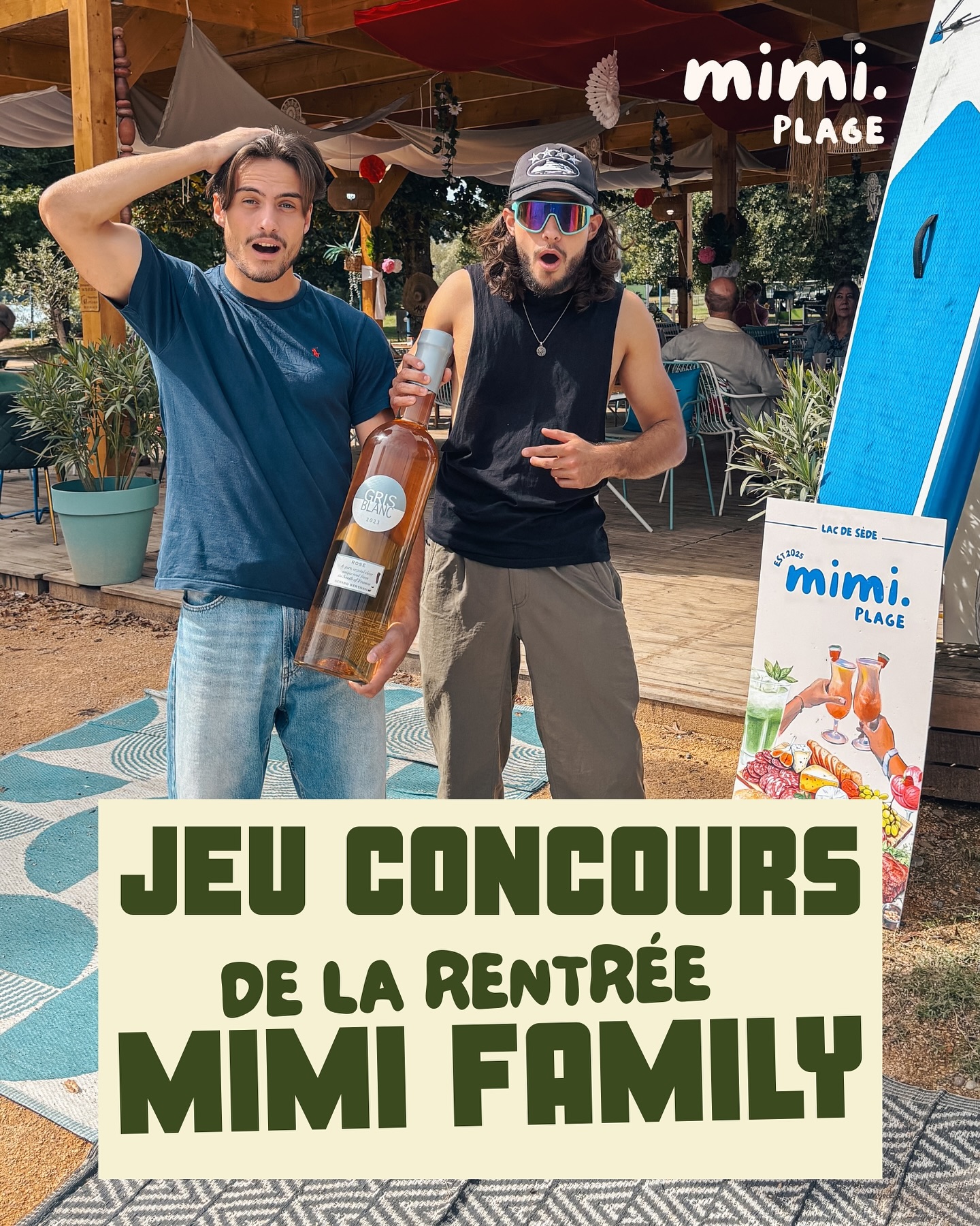 ⚠️ Jeu concours de la rentrée @the.mimi.family ⚠️
À l’occasion de la fête à Saint-Gaudens, on vous fait gagner :
👉🏻 2 magnums de rosé Gérard Bertrand Gris Blanc
👉🏻 1 bouteille de Ciroc au goût de ton choix
👉🏻 1 bouteille de Grey Goose
👉🏻 Une planche de Charcut et deux cocktails
Pour participer :
✅ partage ce post dans ta story
✅ follow les pages @mimifamily_events @mimifamily_plage @the.mimi.family
✅ identifie tes potes avec qui tu veux partager tout ça et faire la fiesta
Les lots seront à venir récupérer chez MiMi Plage au Lac de Sede ou chez MiMi Bodega durant la fête de St-Go en face de la mairie 😎
▶️ tirage au sort samedi lundi 15 septembre à 20h00
Bonne chance 🥰 et en attendant on se retrouve dès ce soir chez MiMi Plage au lac et chez MiMi Bodega au centre ville pour 10 jours de bringue 🤠
#jeux réservé aux personnes majeures
#l’abus d’alcool est dangereux pour la santé
#à consommer avec modération