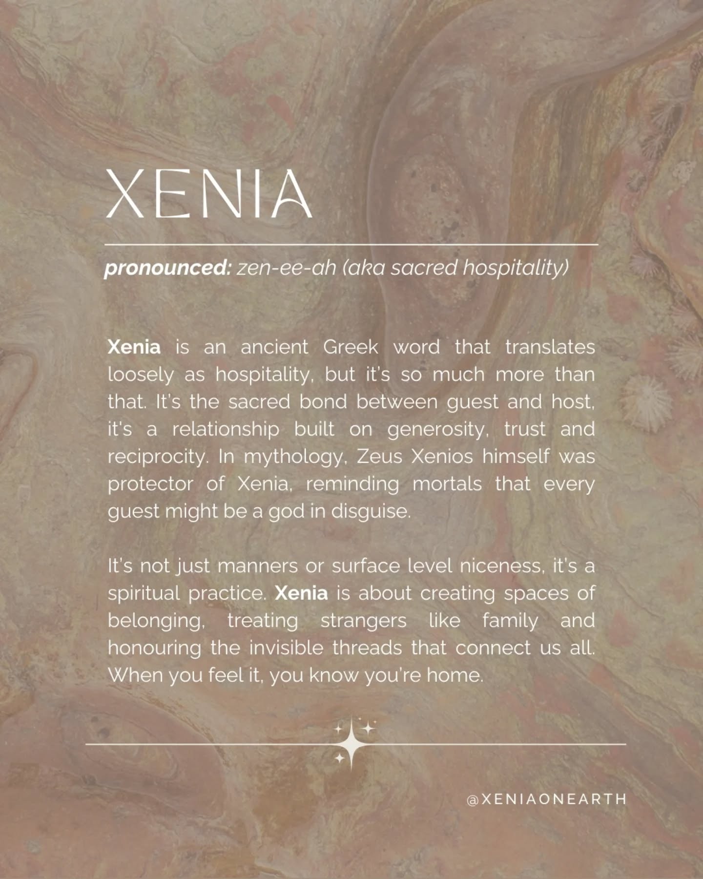 Xenia isn’t just a pretty old Greek word, it’s a whole way of being. 🌿 In ancient times, it was the sacred bond of hospitality, generosity, trust, reciprocity and the radical welcome between guest and host. Zeus himself was said to guard it, reminding mortals that every stranger might be a god in disguise.
But here’s the thing... xenia isn’t about surface level niceness. It’s about belonging. It’s about creating spaces where people feel safe, seen and cherished. It’s the art of opening your heart and your door, whether that’s with a warm cup of coffee, a listening ear, or shells laid out like little messengers.
For me, Xenia is the heartbeat of my work through Xenia on Earth. It’s the invisible thread that connects us all, the practice of treating strangers like family, and the reminder that when you feel it… you know you’re home✨