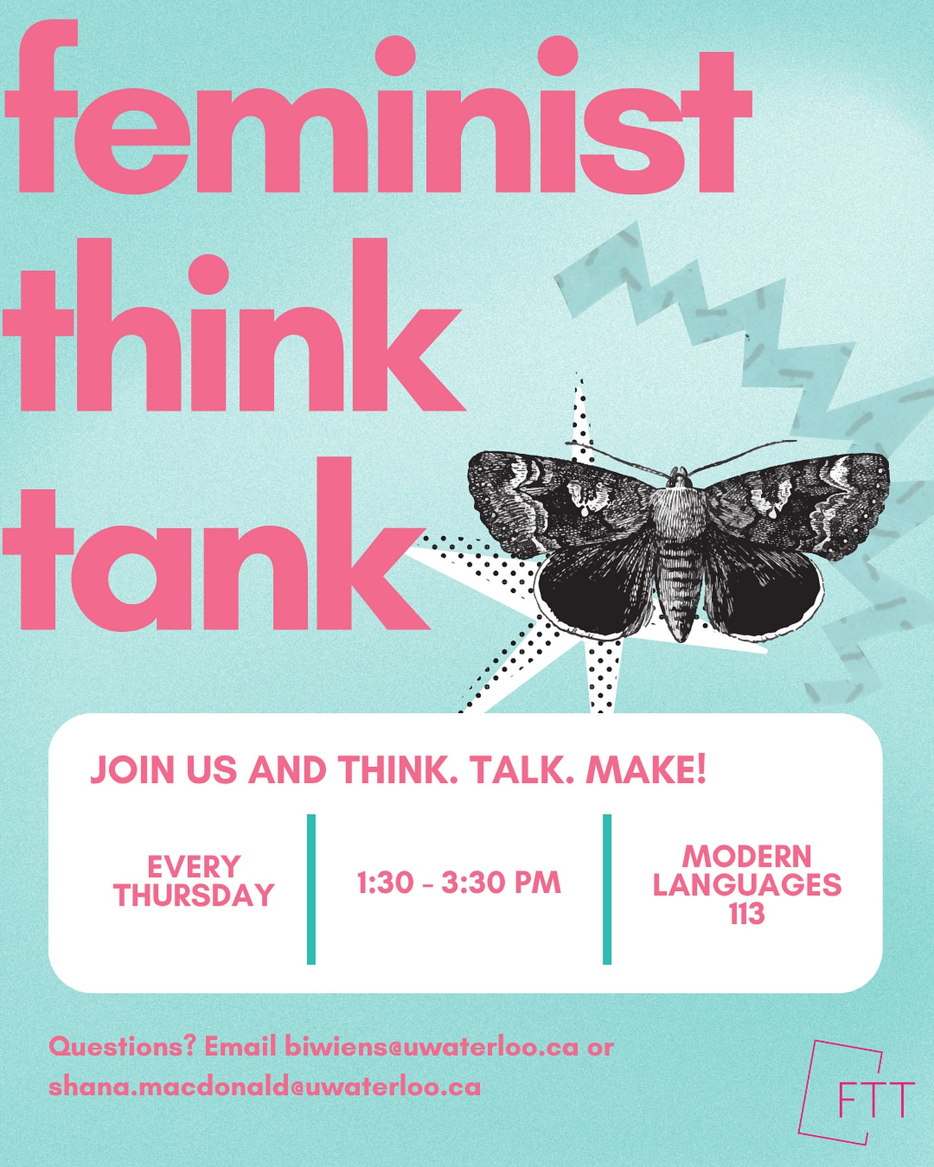 Happy fall term! We are so excited to start up our weekly Feminist Think Tank meetings once again. Join us on Thursdays in ML (Modern Languages), Room 113 from 1:30-3:30 each week! Feel free to drop in and think, talk or make (or just relax between classes). All are welcome!