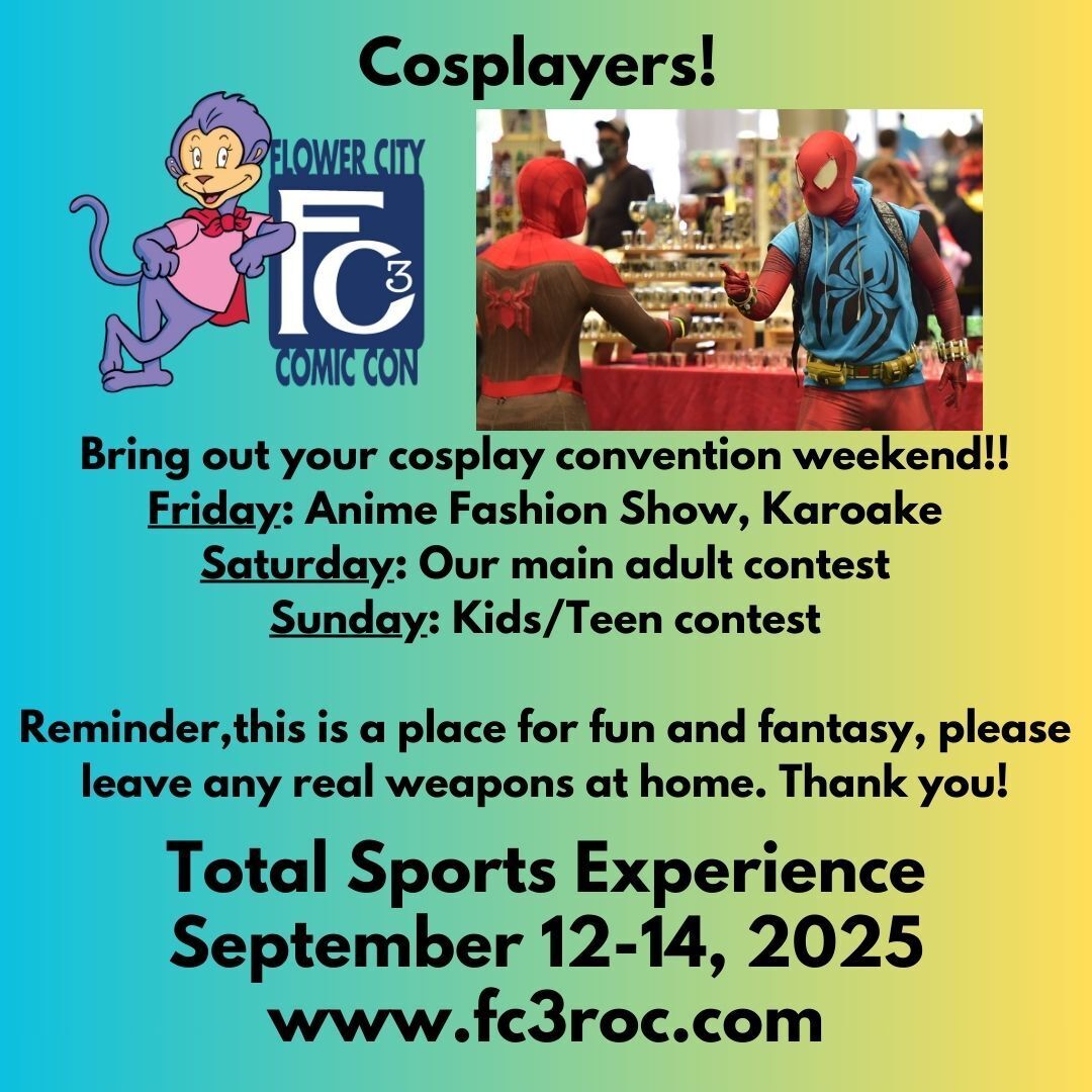 Bring out your cosplay convention weekend!!
Friday: Anime Fashion Show, Karoake
Saturday: Our main adult contest
Sunday: Kids/Teen contest
Reminder, this is a place for fun and fantasy, please leave any real weapons at home. Thank you!
The deadline for the craftsmanship competition on Saturday signup is tonight! Check our website for more info. All other cosplay will have day of signup at the con. We can't wait to see you!!
#FC32025 #cosplay #ExperienceFC3 #WhereItAllComesTogether