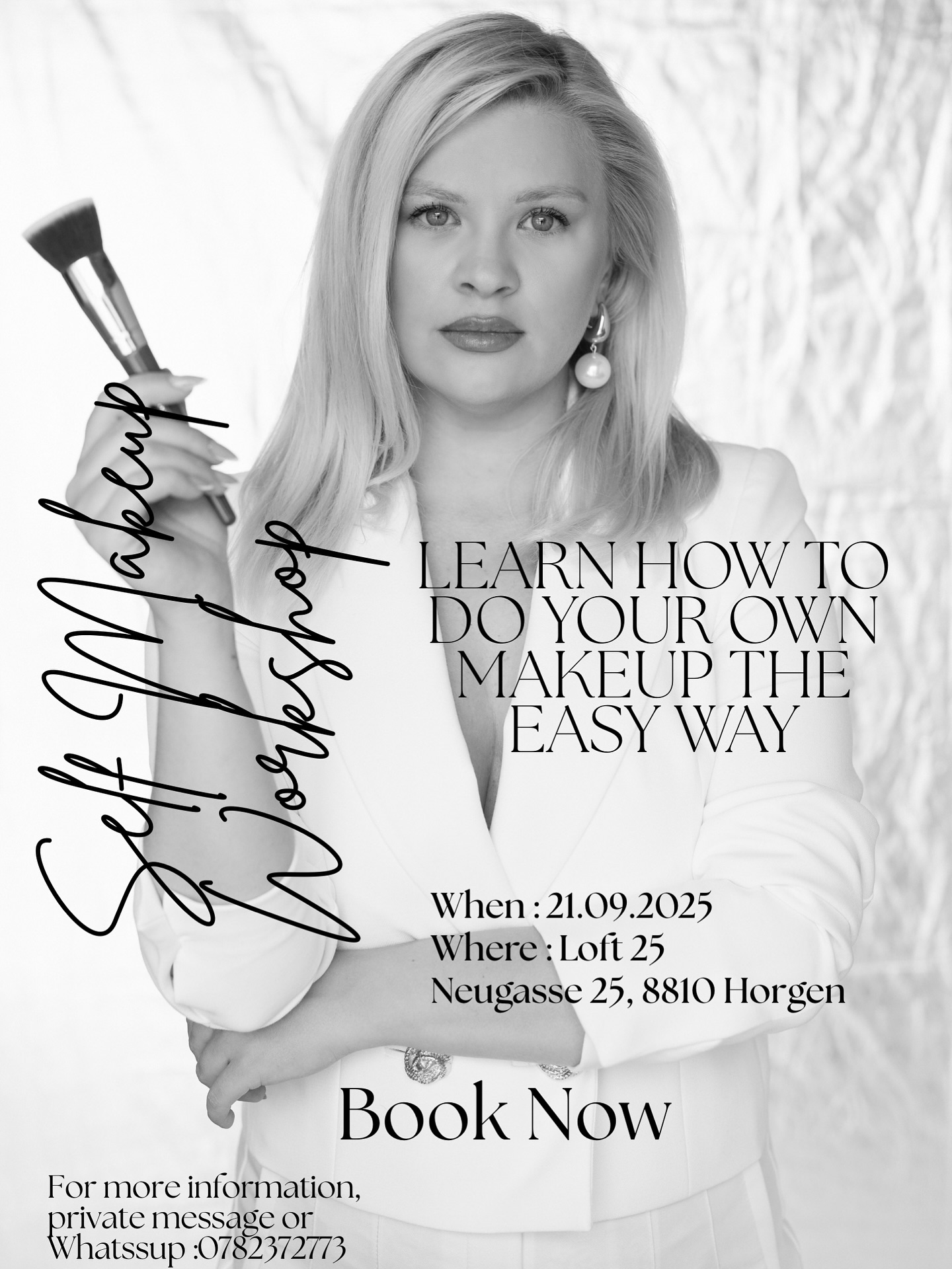✨ FLAWLESS YOU – A SELF-MAKEUP WORKSHOP ✨
A cozy, hands-on beauty experience where YOU learn to create your own signature makeup look — step by step, with expert guidance.
Perfect for beginners or anyone wanting a skills refresh!
Led by a pro makeup artist you’ll learn:
* How to prep skin like a pro
* The right product order for a flawless finish
* How to use brushes & tools properly
* Choosing products tailored to YOUR features
* How to create a flawless, durable everyday look
* How to refresh your makeup after work and easily transform it into an elegant evening look with just a few tweaks
You’ll work at your own fully equipped makeup station mirrors, and tools.
-> Bring your makeup bag + test top products from a curated pro kit.
Each guest receives a folder with a personalized face chart, essential technique tips, and product recommendations (both high-end & drugstore).
Plus a small goodie bag with beauty treats!
Light refreshments included – come relaxed, ready to learn, and leave glowing.
- Schedule
11:00 – 11:30 Welcome drink
11:30 – 13:00 Demo + theory
13:00– 14:30 Hands-on practice
14:30 – 15:00 Q&A + product testing
- Price
249 CHF / person
💕 1+1 Special: 450 CHF for 2 people
📍 Loft 25 Neugasse 25 , 8810 Horgen
– small group, limited seats
📩 DM to book your seat – they’re going fast!