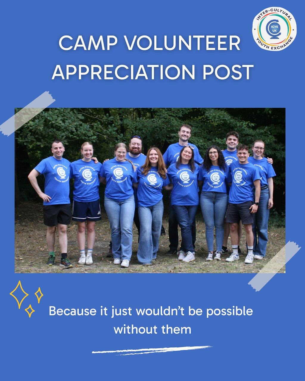 As another camp has come to an end we want to take a minute to appreciate all of our amazing camp volunteers who work tirelessly to make camp as joyful and welcoming as possible.
We could not be more thankful to all of you who have taken time out of their busy schedule to help out with the less glamorous tasks at camp. Though let’s not forget our brave camp volunteers who showed their athletic abilities at the ICYE Olympics. GO TEAM CAMP-IONS!
Thank you all so much for being part of the ICYE family!#icye #volunteer #icyeuk #uk