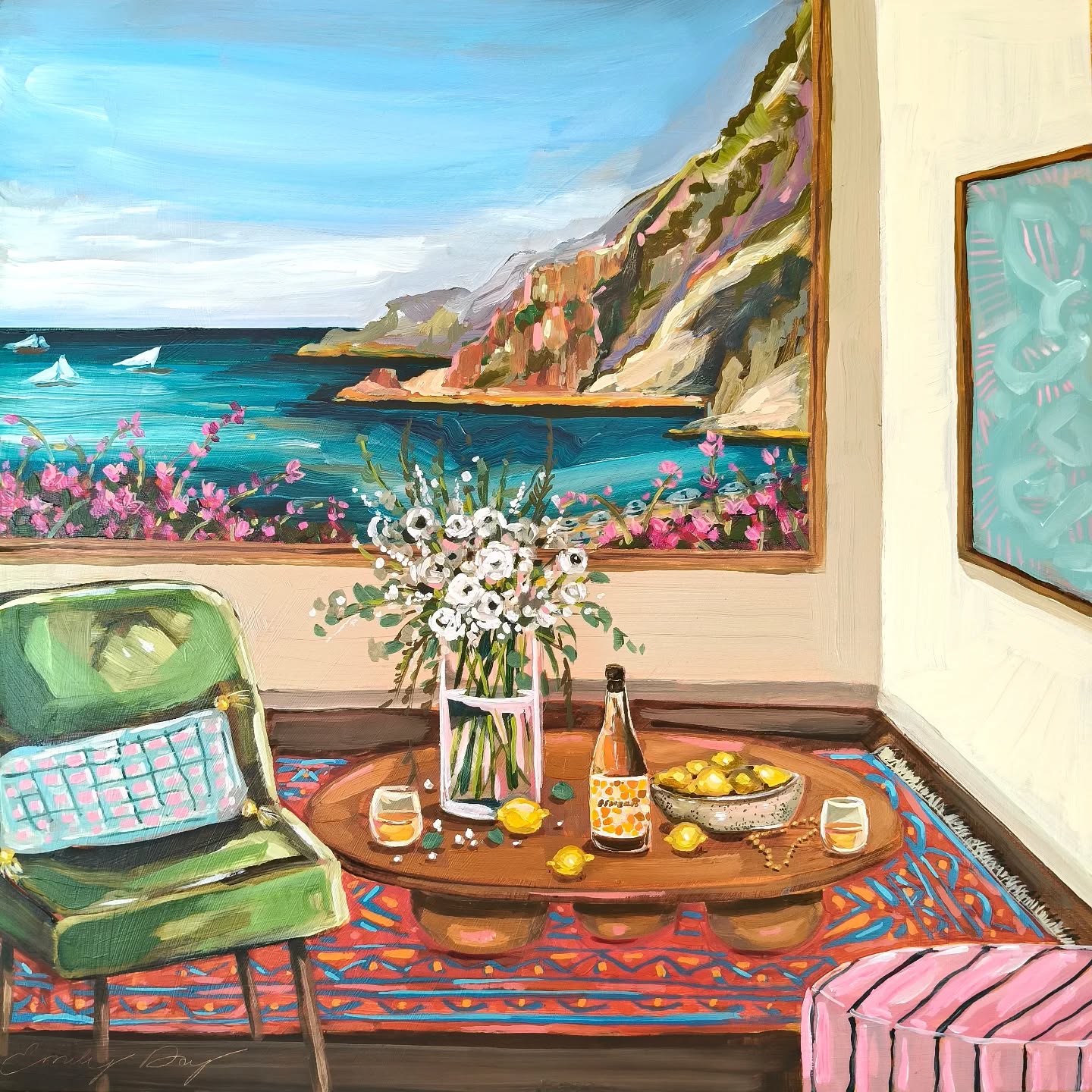 A recent commission for a special birthday! I absolutely LOVE creating sentimental paintings for people - it's one of the best parts of my job. A group of friends banded together to gift this painting as a surprise for the birthday girl ❤️
We included her favourite wine, lemons, wedding bouquet, a necklace she wore on her wedding day and a window scene inspired by the coastline of Italy. All the little details included as a bit of a time capsule.
'HELLO SUNSHINE WON'T YOU STAY'
40x40cm
Acrylic on board
x