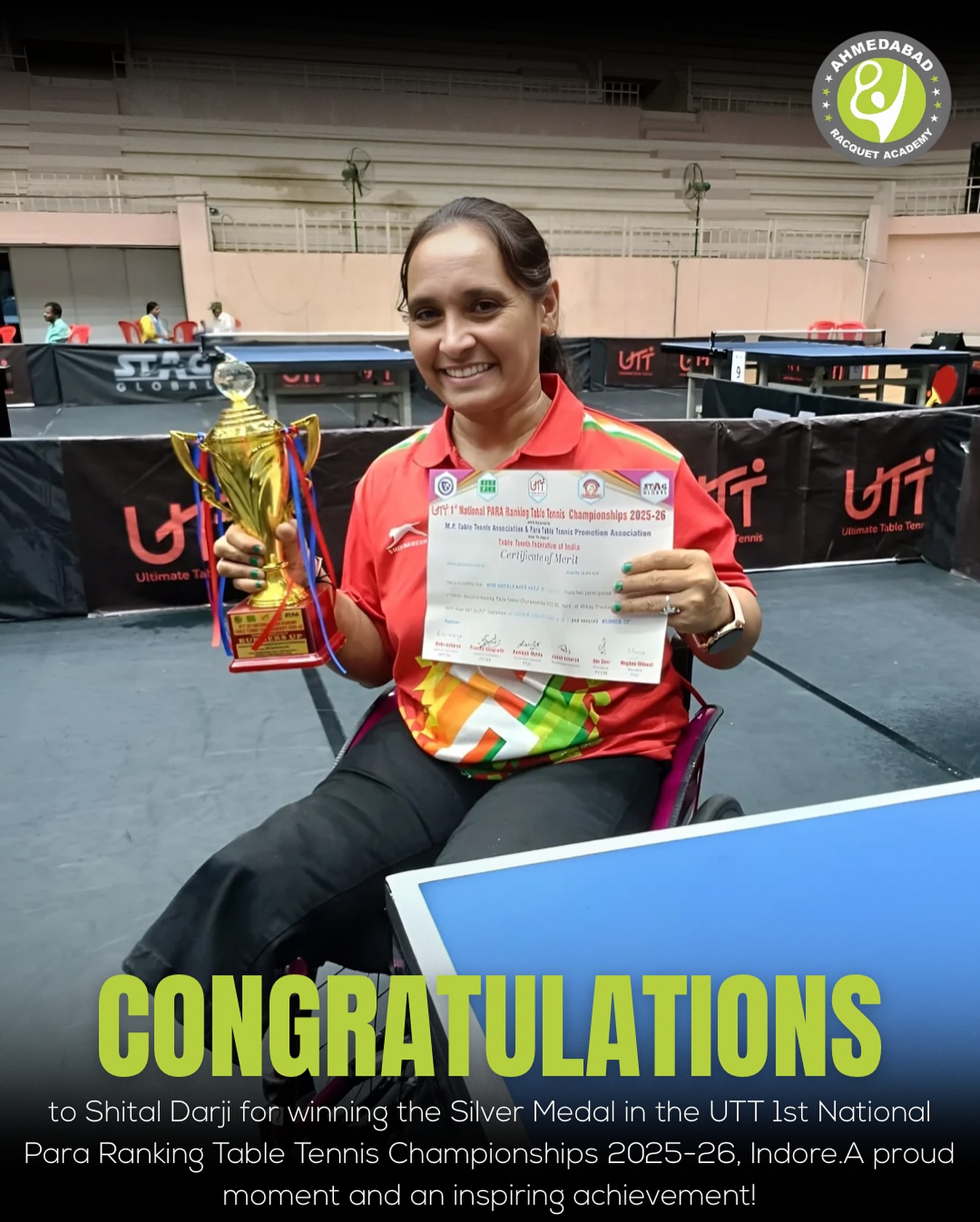 A proud moment for Ahmedabad Racquet Academy! ✨
Congratulations to Shital Darji on winning the 🥈 Silver Medal at the UTT 1st National Para Ranking Table Tennis Championships 2025-26 in Indore! 👏🏓
Your dedication, spirit, and inspiring performance make us all proud. 💪💚
#AhmedabadRacquetAcademy #TableTennis #ParaChampionship #InspiringJourney #ProudMoment