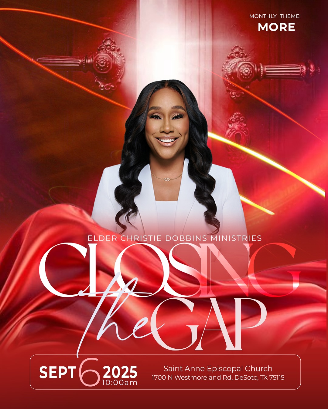 🚨 It’s almost time! Join us this Saturday for Closing the Gap™!
📅September 6th, 10:00 AM (CDT)
📍 Saint Anne Episcopal Church, 1700 N Westmoreland Rd, DeSoto, TX 75115.
This month, the theme is MOVE. 💨
It’s time to step out of hesitation and into obedience. No more circling the same mountains, no more delayed responses, it’s time to MOVE into purpose, into freedom, and into everything God has promised.
✨ Come expecting powerful worship by the anointed psalmist, Minister @ejiroghene__ , a life-giving Word, and an atmosphere for breakthrough and healing. Bring a sister, a friend, or a family member, don’t come alone!
No Registration required!
Let’s MOVE together and see what God will do! 🙌🏾
#ClosingTheGap #MOVE #move#christiedobbinsministires