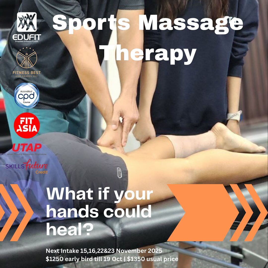 Next intake of the SPORTS MASSAGE THERAPY CERTIFICATION (4-Days) on 15,16,22&23 November 2025 is open!
.
.
PROGRAMME CONTENT:
*Etiquette in sports massage therapy
*Effects of sports massage
*Contraindications
*Human Anatomy
*Client assessment guidelines
*Massage techniques
*Soft tissue release & myofascial stretching techniques (joint mobilisation)
*Case studies discussion on common musculoskeletal injuries
*Further education for Sports Massage Therapy
*Mentoring sessions (additional fee applies)
.
What do you get?
*CPD UK global accreditation
*Skillsfuture & UTAP eligible funding. *CoachSG CECs
MORE INFO AND REGISTRATION @ FITASIA.SG or EDUFITASIA.COM or book via link in bio. Early bird fee ends on 19 Oct 2025. Group discount available (3pax min)! DM US! Sign up today!!!
.
.
#singapore #sgfitness #sportsphysiotherapy #sportsg #singaporesportshub #sgchiropractor #sgphysio #physiotherapy #singaporedoctors #sportsg #sportsmassagetherapy #sgsportsmedicine #sportsmedicine #singhealth #muscles #myofascial #softtissuetherapy #jointmobility #sportsmassagetherapists #bangkok #malaysia #sportsmassagebangkok #sportsmassagekl #sportsrehabbangkok