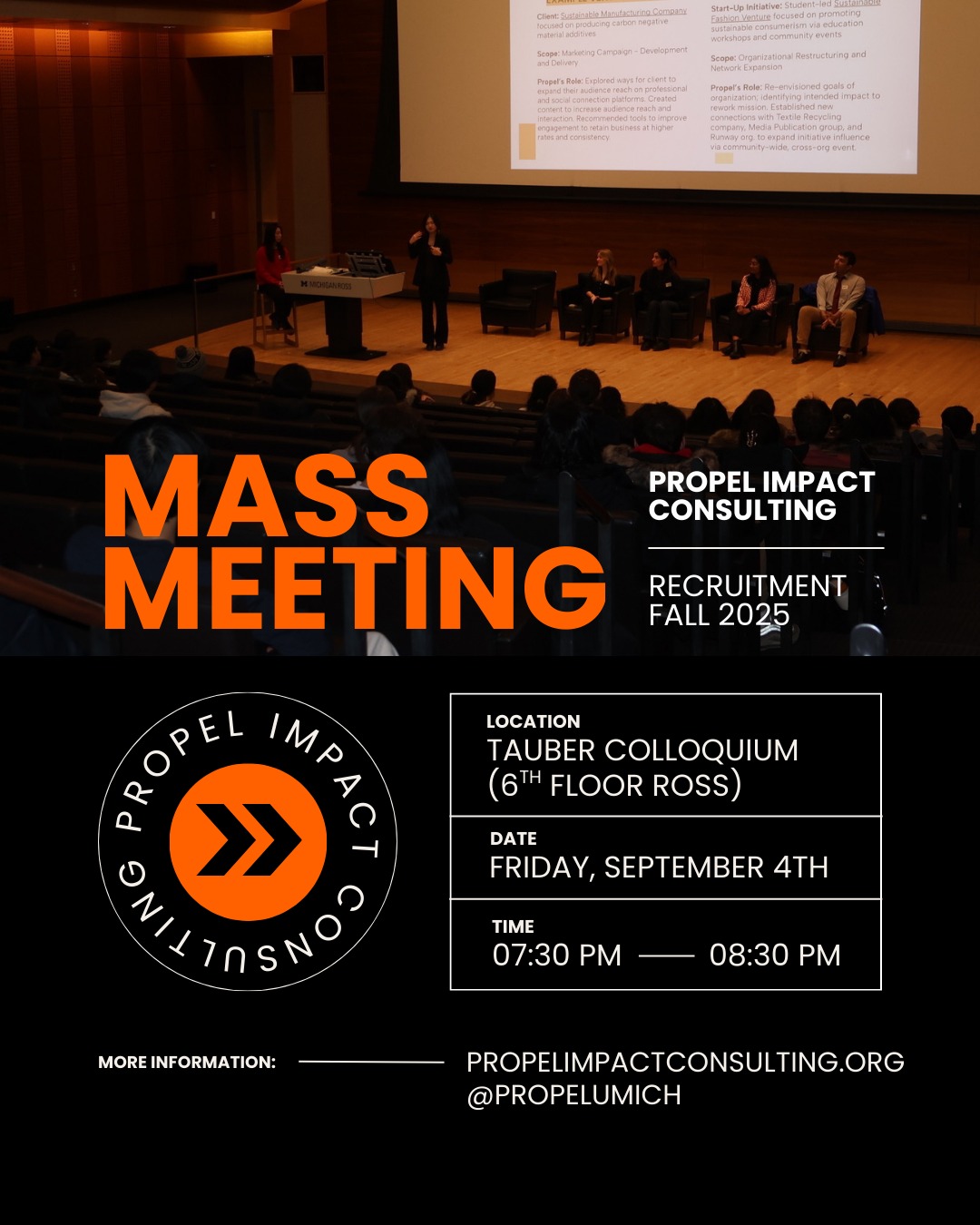 Come to our Mass Meeting this Friday, September 5th (tomorrow!) at 7:30PM in Tauber Colloquium (6th Floor Ross) to meet Propel members and learn more about our club. We are so excited to meet you all and can't wait to share more about our experiences!