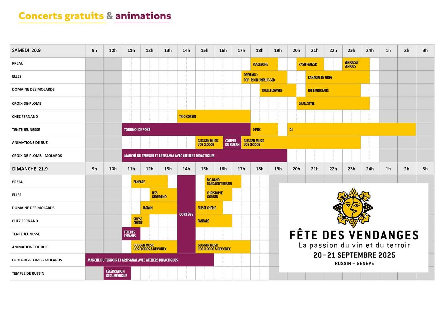 Découvrez le programme complet sur notre site internet:
https://www.fetedesvendangesrussin.ch
#fetedevillage #fete #russin #fetedesvendanges #musique #concertlive #vin #danser #aimerlavie #cortege #marche #marcheduterroir #geneve #geneva #campagne #vendanges #terroir #swisswinelovers #swisswine #concert #courdedegustation #produitduterroir #fetedesvendangesrussin #weekend