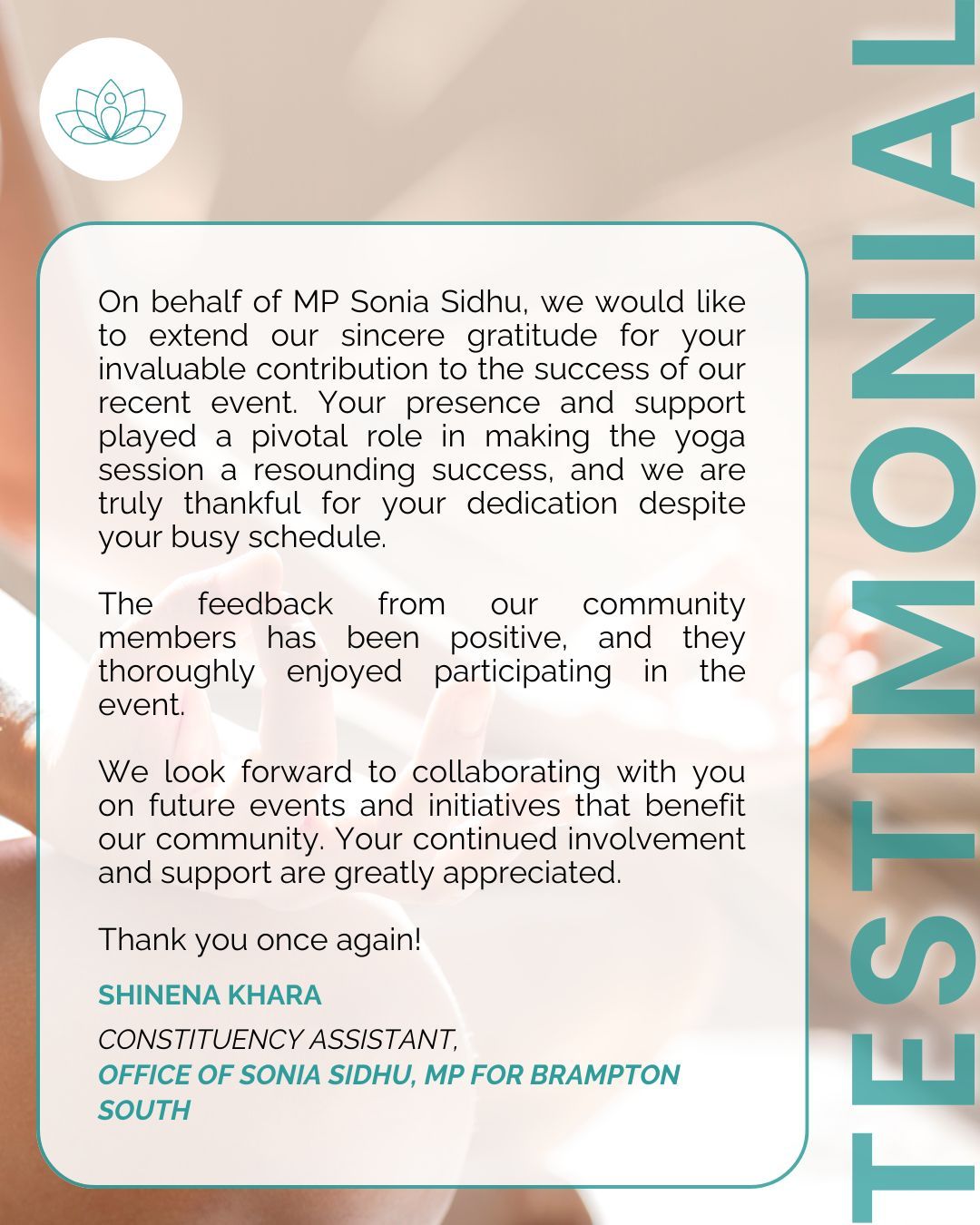 At Earth Seedlings Yoga, every session is guided by our values of ahimsa (kindness), dhairya (patience), and connection. We believe yoga is not just movement it is compassion in action, a practice of grounding, and a pathway to community well-being.
When the Office of MP Sonia Sidhu invited Jigna Fadia to lead a yoga session, the community’s response was overwhelming positive, energizing, and deeply meaningful. From busy leaders to everyday participants, the practice created space for connection, calm, and well-being.
This is the power of bringing yoga and mindfulness into community and organizational spaces. Jigna meets you where you are, creating safe, inclusive, and impactful sessions for all.
👥 Whether you’re a hospital, clinic, HR team, non-profit, school, or business, Reiki can be a powerful addition to your wellness offerings creating space for recovery, resilience, and connection. If you’re looking to offer supportive, community-centered wellness practices, we’d love to hear from you.📧 Email jigna@earthseedlingsyoga.com to start the conversation.
#ReikiHealing #EnergyMedicine #HealthcareWellness #HospitalSupport #WorkplaceWellness #MindBodyHealing #StressRelief #EarthSeedlingsYoga #JignaFadia #HolisticHealth #CompassionateCare #ReikiMaster #MindfulnessInHealthcare #WellnessPartnerships