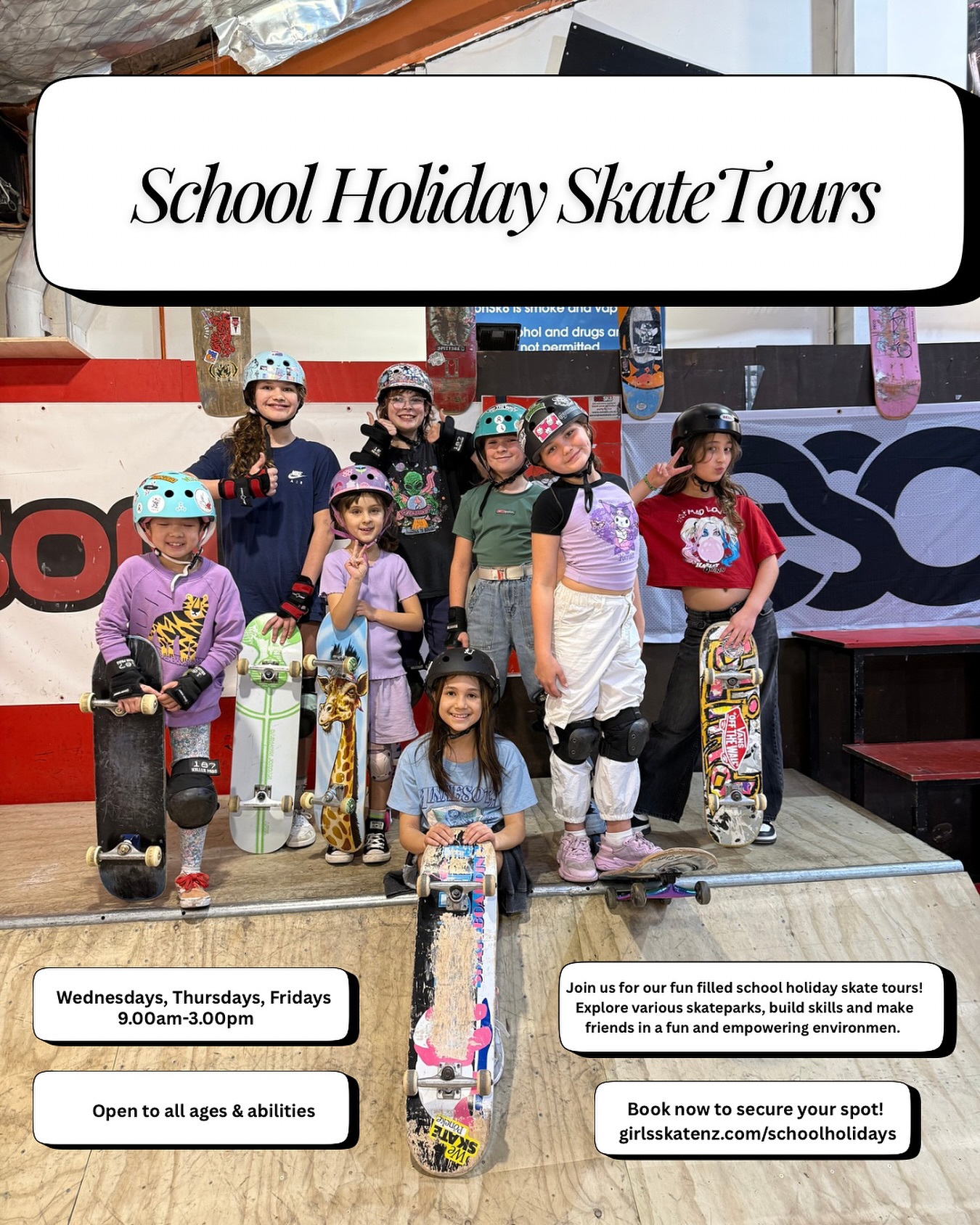 Our school holiday skate tours are now live on our website!
girlsskatenz.com/schoolholidays 💌
Skate tours are run from 9am-3pm, and are open to all ages and abilities.
For more info and to book, visit our website!