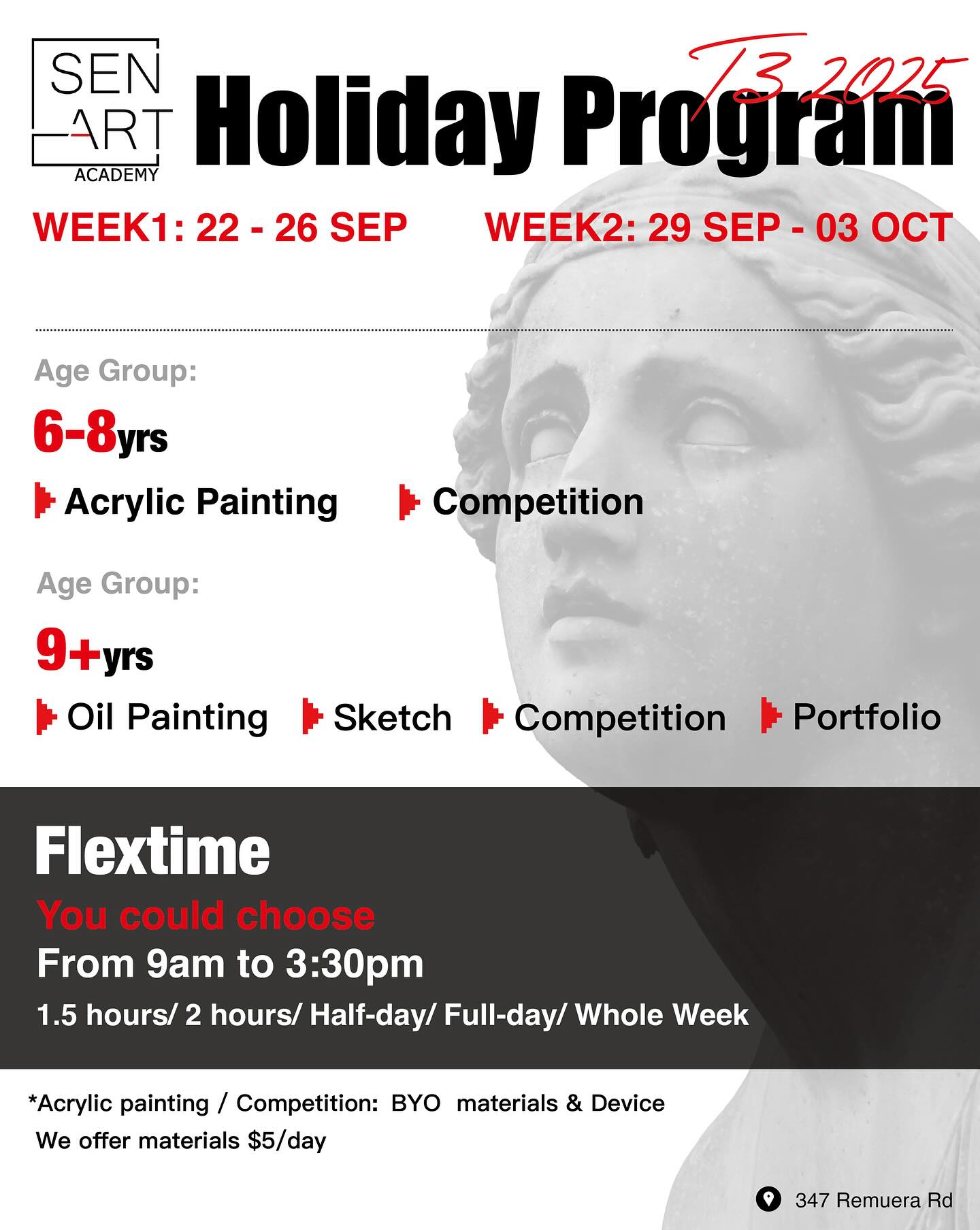 Check out Term3 2025 Holiday Program!
Age Group:
6-8yrs:
➤ Acrylic Painting ➤ Competition
9+yrs:
➤ Oil Painting ➤ Sketch ➤ Competition ➤ portfolio
Flextime Time Selection From 9:30am to 3:00pm
🎨🎨🎨
LEARN ART, SEN ART.
(all the drawings and paintings show on our ins are create by our art tutor or student)
#artnewzeland #art #artstudy #artstudio#artworld #artauckland #artist #artclass #artcourse #artistsoninstagram #artnz #nzart #artteaching #artwork #artstudent#artacademy #artstudio #auckland #artstudent#studentwork #artist #artlover