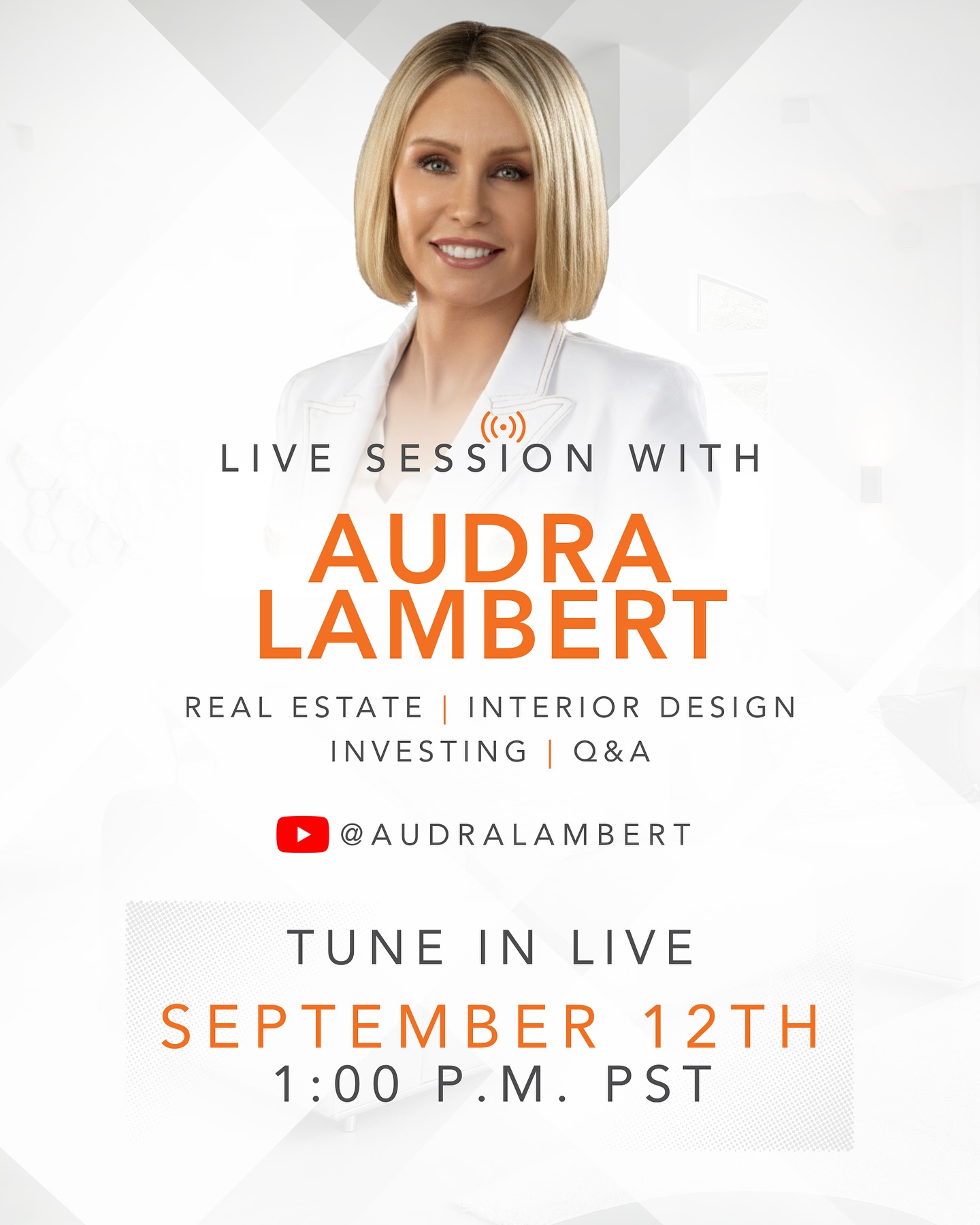 🚨 Mark your calendars! 🚨
I’m going LIVE on Friday, September 12th at 1:00 PM PST on YouTube 🎥
We’ll dive into:
🏡 Real estate market trends
✨ Interior design tips to elevate your home
💰 Smart investing strategies
a LIVE Q&A session just for you!
💬 Drop your questions in the comments below—I may answer them live! Or join me on the stream and ask in real time.
🔔 Set your reminder now so you don’t miss it!
Audra Lambert | Realtor®
DRE 01909872
📞 (949) 697-2232
📧 audra@lambertgrouphomes.com
Realty One Group West
#OrangeCounty #RealEstate #InteriorDesign #Investing #LiveQA #AskAudra #LambertGroupHomes