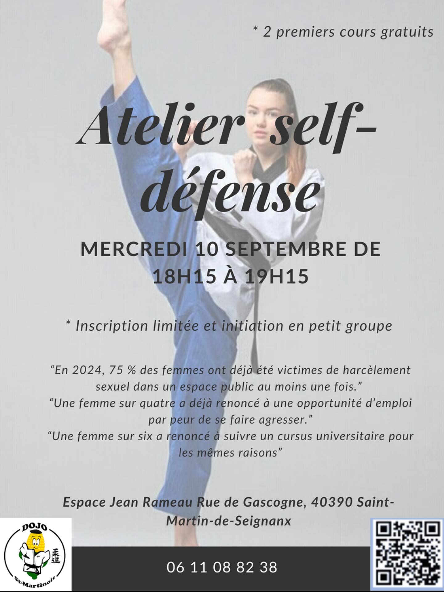 Vient découvrir une nouvelle façon de reprendre le contrôle, de te défendre et surtout de prendre du plaisir ! Inscription via le qr code ou par téléphone.