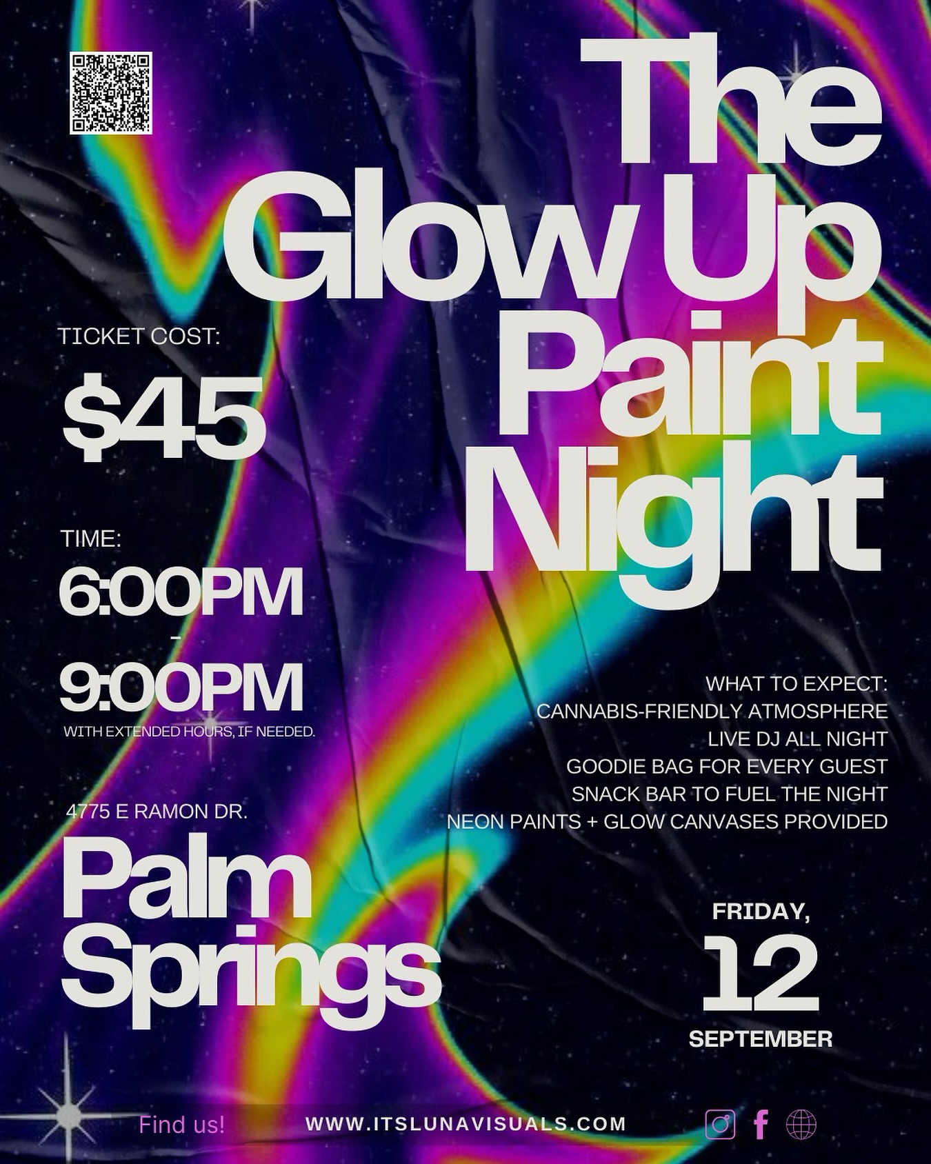 🚨✨ PALM SPRINGS, IT’S HAPPENING ✨🚨
The wait is OVER… we’re officially cracking open the doors to our BRAND NEW STUDIO with the first-ever NEON GLOW PAINT NIGHT 🎨💡💥 Call it a soft opening… but nothing about this night is gonna be soft!
Here’s what you can expect:
💨 Cannabis-friendly atmosphere (optional)
🎶 DJ Ancient Internet spinning all night @troythedestroyer
🎁 Goodie bags featuring premium flower by @pop_tshirtdesigns 🌿
🍫 Snack/beverage bar to keep your energy elevated
🌈 Neon paints + glowing canvases that light up your masterpiece
This isn’t just a paint night it’s the start of a new ERA for Itslunavisuals
🚀 Palm Springs is about to GLOW TF UP!
📍 4775 E Ramon Dr
🗓️ Friday, Sept. 12th
⏰ 6–9 PM (or later if we’re vibin’ 😉)
🎟️ Tickets: $45
🔞 21+ ONLY (valid ID required at the door)
⚡ Limited spots. Secure your canvas NOW or miss out on history in the making.
👉🏻 www.itslunavisuals.com
#GlowUpPaintNight #PalmSpringsEvents #NeonVibes #SoftOpeningButMakeItLOUD #AncientInternet #PopPieceOfThePack