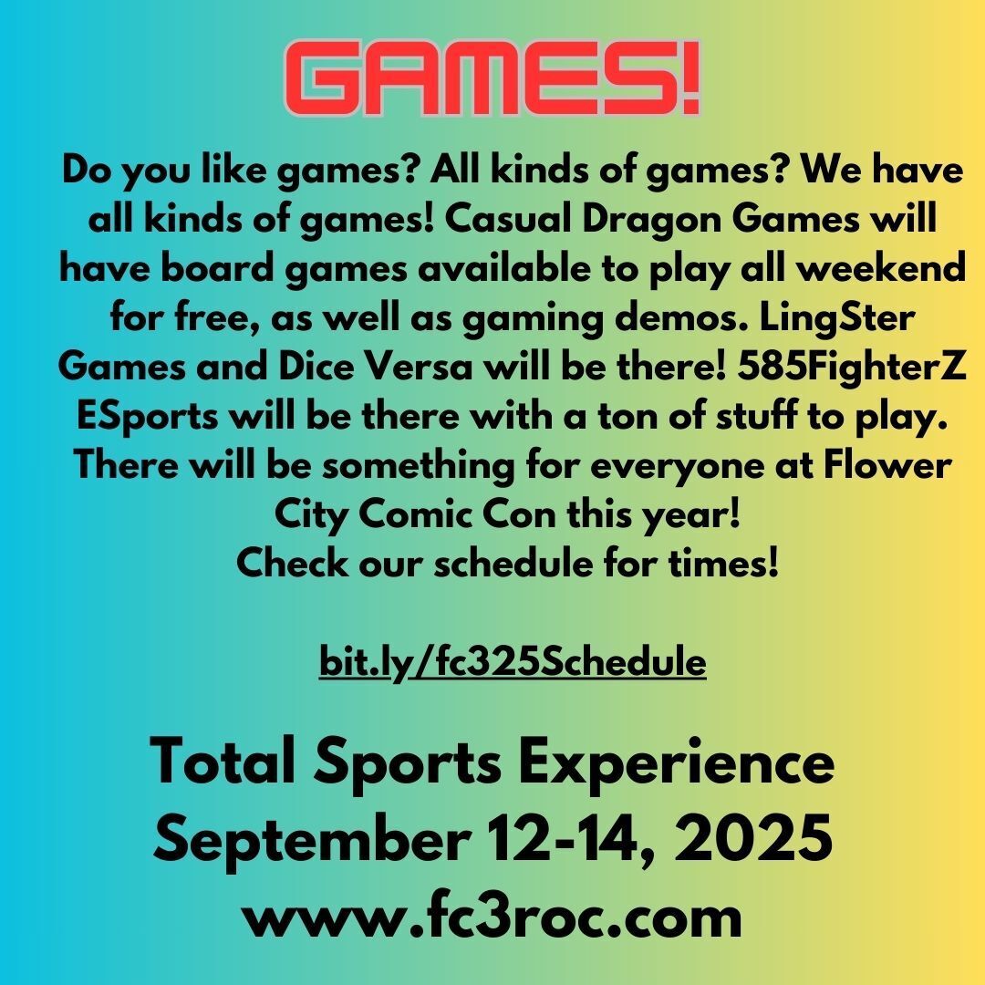Do you like games? All kinds of games? We have all kinds of games! Casual Dragon Games will have board games available to play all weekend for free, as well as gaming demos. LingSter Games and Dice Versa will be there! 585FighterZ ESports will be there with a ton of stuff to play. There will be something for everyone at Flower City Comic Con this year!
Check our schedule for times!
https://bit.ly/fc325Schedule?utm_source=instagram&utm_medium=FC3&utm_campaign=publer