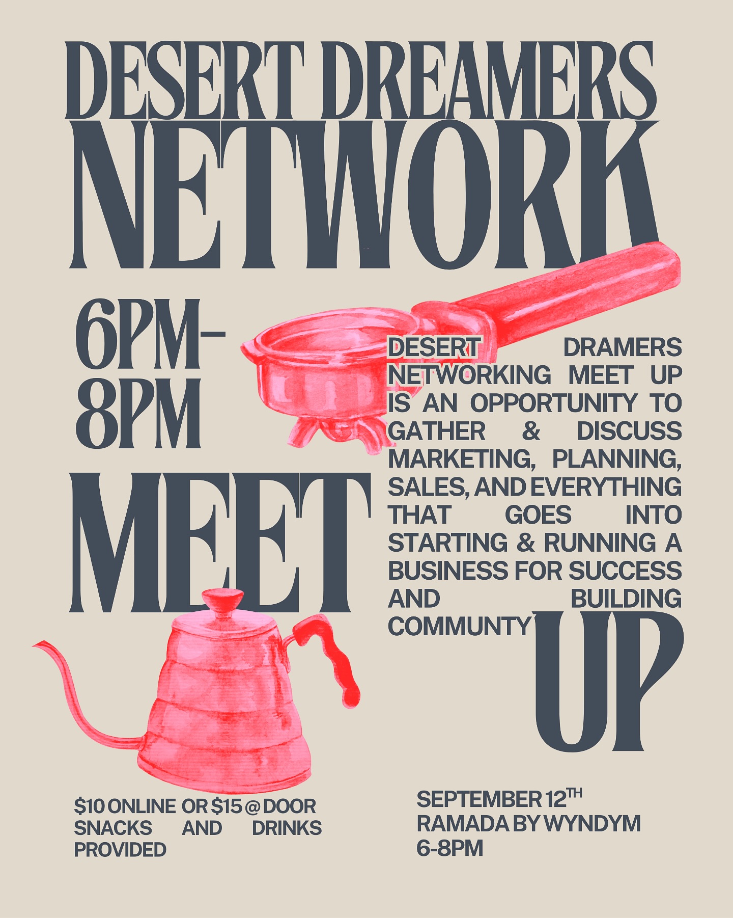 🌵✨ Desert Dreamers Networking Meet Up ✨🌵
Hosted by Sanctuary Co. & Aralexie’s Sweets
We’re bringing the Tucson small business community together again! The last meet-up was amazing, and this time it’s open to all entrepreneurs, creatives, and dreamers ready to connect, collaborate, and grow.
Here’s what to expect ⬇️
🤝 Real connections with local business owners
💡 Tips & resources on marketing, planning, and sales
📈 Growth opportunities and community support
🍪 Snacks & drinks included
📍 Ramada by Wyndym
📅 Thursday, September 12th
🕕 6PM – 8PM
🎟 $10 online | $15 at the door
Don’t build your business alone—let’s dream and grow together in the desert 🌵✨
👉 Save this post, share it with a friend, and tag a business bestie who needs to be there!
#DesertDreamersNetworking #TucsonNetworking #ArizonaNetworking #TucsonEvents #TucsonSmallBusiness #ArizonaBusinessOwners #SmallBusinessNetworking #TucsonEntrepreneurs #ArizonaEntrepreneurs #TucsonBusinessCommunity #networkingmeetup