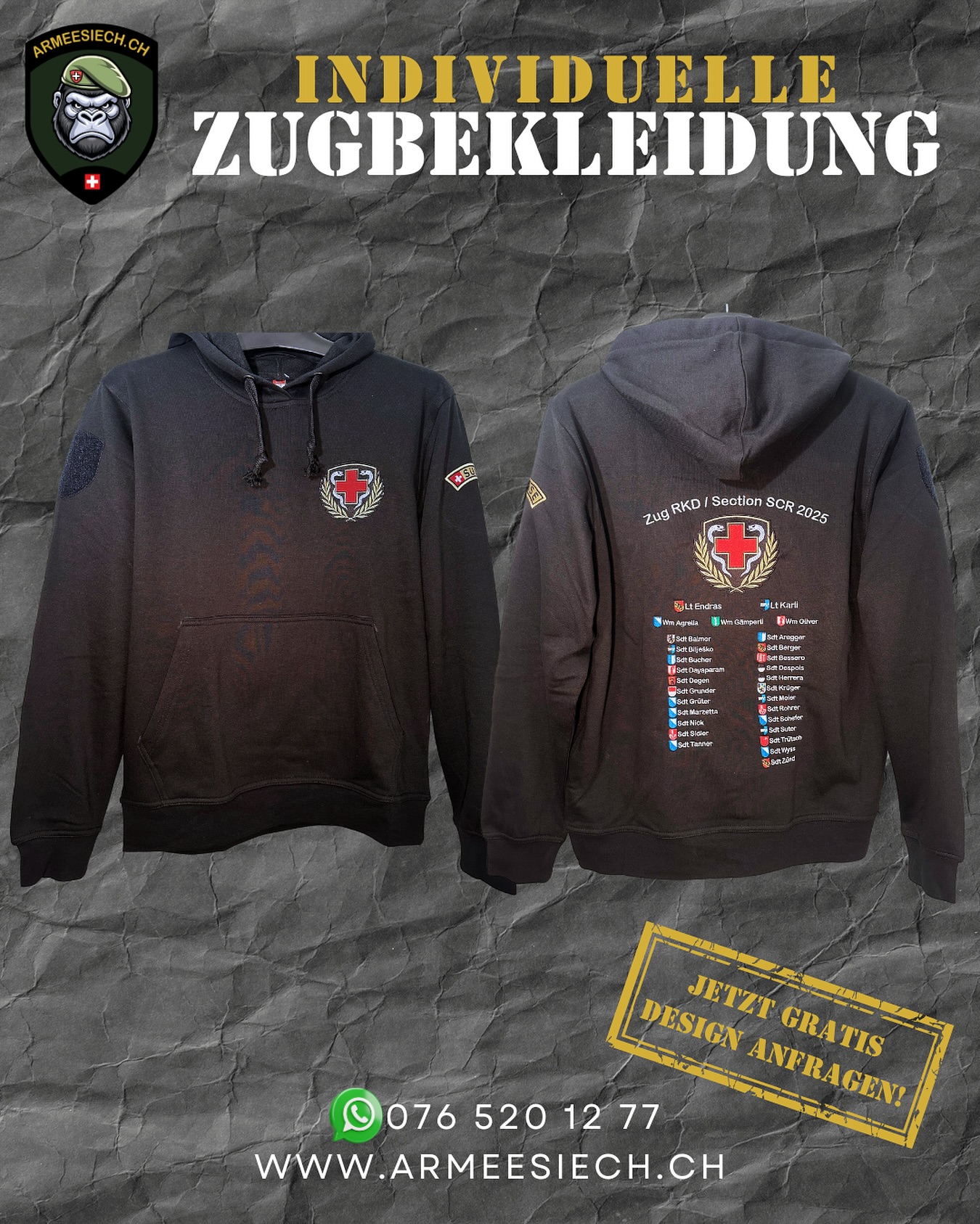 👕🔥 Individuelle Zugbekleidung für deine RS! 🔥👕
Ob Hoodie, Shirt oder Pulli – bei ARMEESIECH.CH bekommst du dein persönliches Design mit Wappen, Logo und Namen
✔️ Top Qualität
✔️ Einzigartige Motive
✔️ Gratis Designanfrage
👉 Hol dir jetzt den Hoodie, der deinen Zug unvergesslich macht!
📲 Schreib uns direkt auf WhatsApp: 076 520 12 77
🌐 www.armeesiech.ch
#Armee #RS #SchweizerArmee #Rekrutenschule #Zugbekleidung #Armeesiech #SwissArmy #Militär #HoodieDesign #Zughoodie #Militärstyle #SwissMade #Truppenbekleidung
