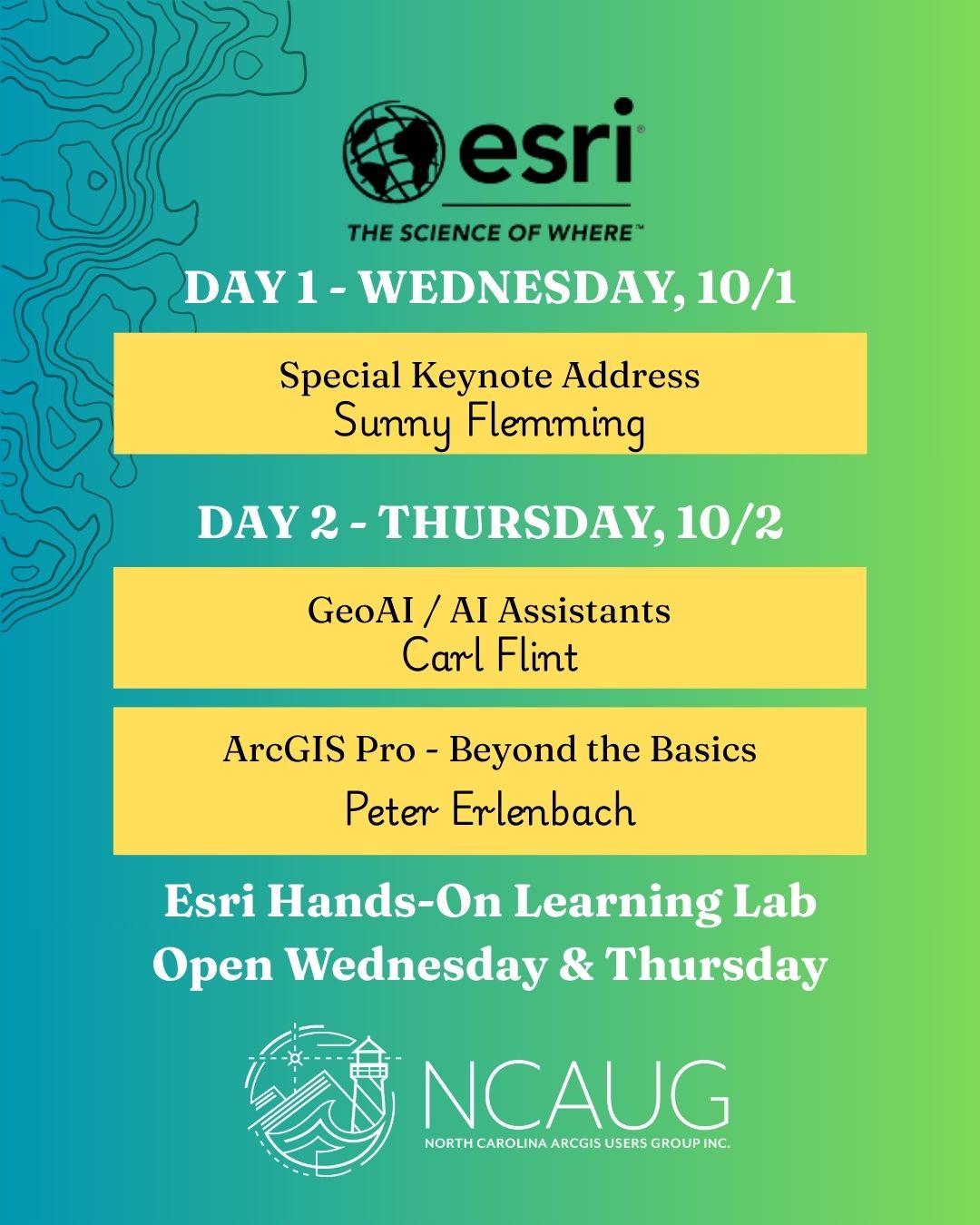 🌟 We’re excited to highlight the Esri presentations at the 2025 NCAUG Conference in Asheville! 🌟
From product updates to innovative workflows, Esri experts will share insights that help you get the most out of your GIS technology. Whether you’re looking to sharpen your skills, explore new tools, or see what’s next, these sessions are not to be missed! 🗺️✨
🌐 Special Keynote Address with Sunny Flemming
🤖 GeoAI / AI Assistants with Carl Flint
🗺️ ArcGIS Pro - Beyond the Basics with Peter Erlenbach
📅 Join us October 1–3 to learn directly from the team behind the software that powers so much of our work.