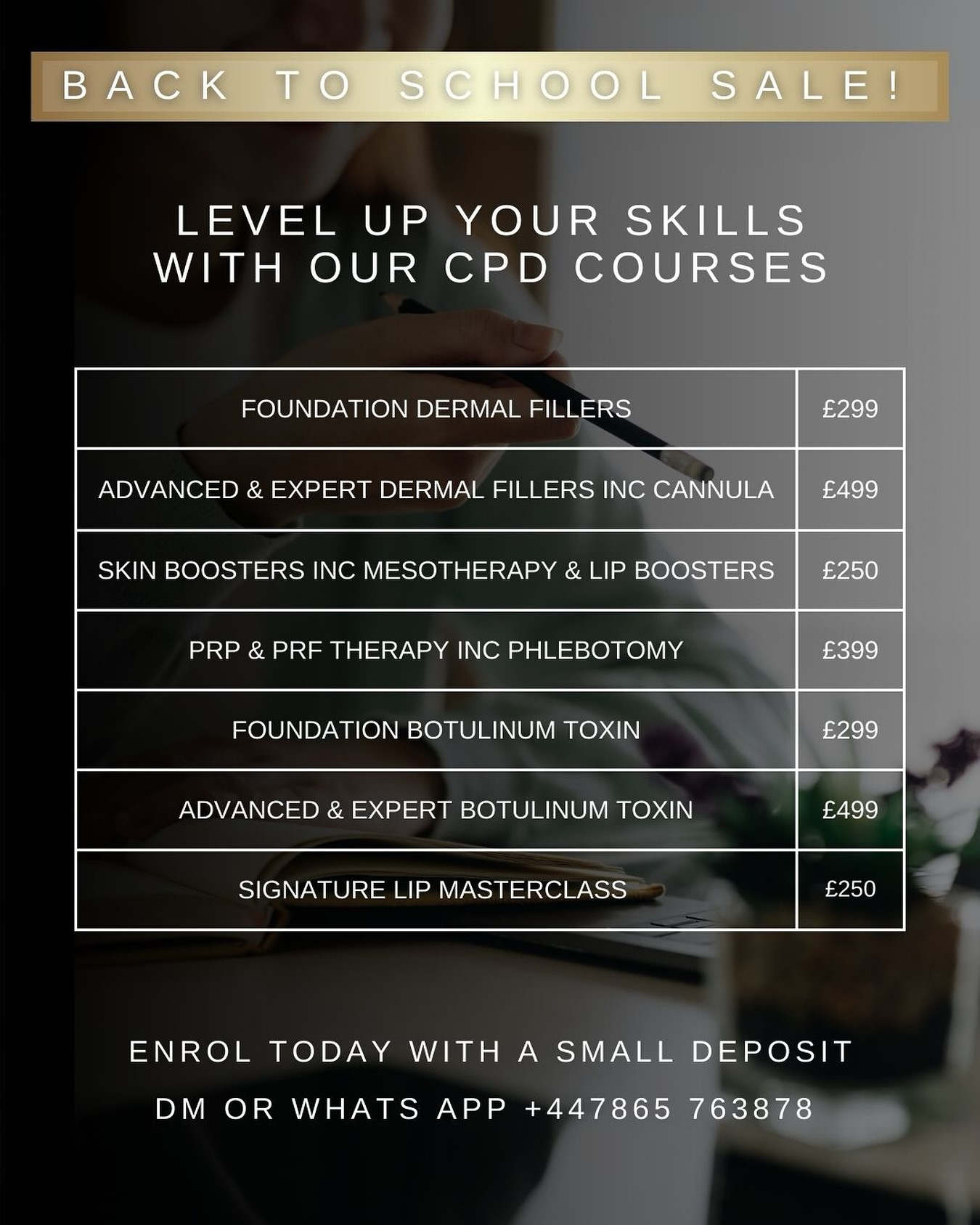 📚✨BACK TO SCHOOL SALE IS HERE!✨📚
Ready to level up your skills and add more high-earning treatments to your portfolio? For a limited time, our CPD courses are available at exclusive reduced rates.
⚡ Why now? Because clients are looking for skilled, qualified practitioners who can offer the latest treatments — and the ones who train first take the lead.
Here’s what you can grab today:
💉 Foundation Dermal Fillers – £299
💉 Advanced & Expert Dermal Fillers (inc Cannula) – £499
✨ Skin Boosters inc Mesotherapy & Lip Boosters – £250
🩸 PRP & PRF Therapy inc Phlebotomy – £399
💉 Foundation Botulinum Toxin – £299
💉 Advanced & Expert Botulinum Toxin – £499
👄 Signature Lip Masterclass - £250
🚀 Enrol today with a small deposit – DM or WhatsApp us on +44 7865 763878 to secure your place.
Why learners choose Urban Angel:
✔️ All models provided – focus on learning, not sourcing
✔️ Fully insured training – peace of mind guaranteed
✔️ Small group sizes – maximum tutor support
✔️ Courses designed to give you skills AND confidence
⚠️ Places are limited, and once the sale ends, so do these prices. Don’t wait and watch others take the opportunities that could be yours.
📲 Message us now to claim your spot and start building the advanced career you deserve.
#AestheticsTraining #CPDCourses #BackToSchoolSale #UrbanAngelAesthetics #AestheticsCareer #DermalFillersTraining #BotoxTraining
