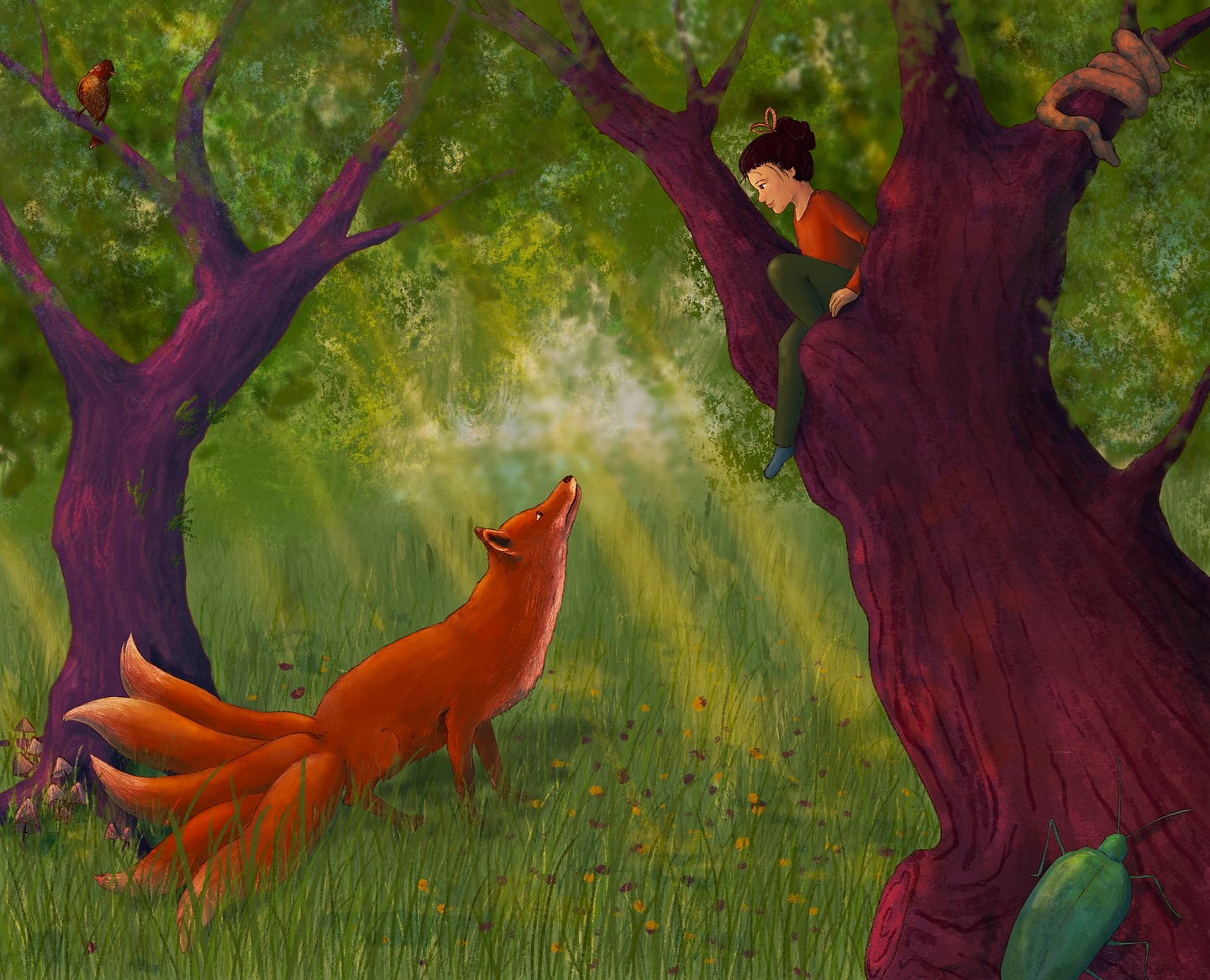 Have you met a fox spirit before? In East Asian folklore, the 𝙝𝙪𝙭𝙞𝙖𝙣 (狐仙) is a magical nine-tailed fox that can shapeshift—most often into a beautiful woman. Mischievous, mysterious, and sometimes benevolent, these spirits appear across legends in China, Japan, Korea, and Vietnam, with local differences in terminology and characteristics.
For this piece, I went all out with colours with one rule - no browns allowed! I’ve never drawn purple trees - and honestly… I kind of love it. What do you think?
#grimms_illustrations #illustration #kidlitart #kidlit #childrensbook #folklore #fairytale