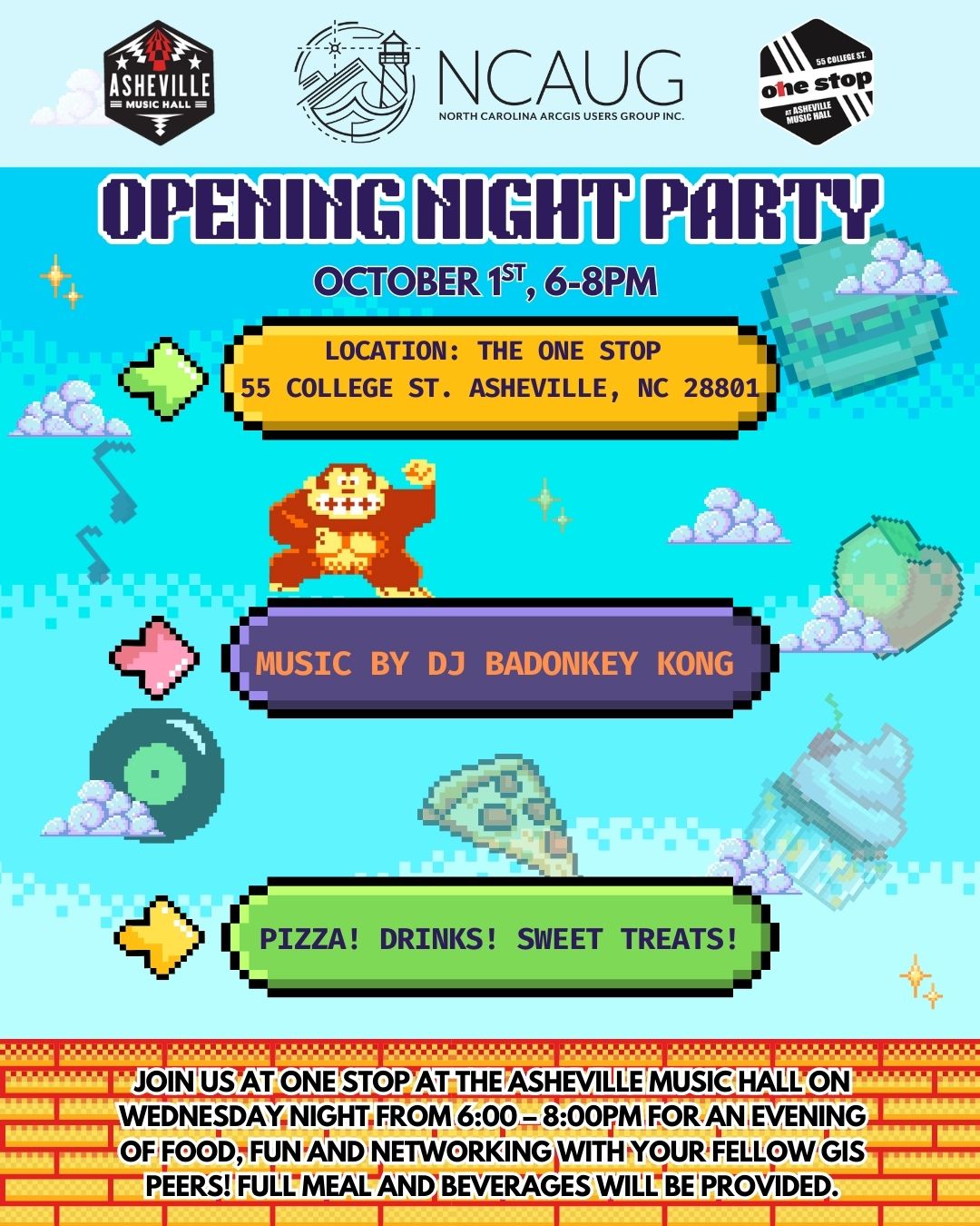📣 Mark your calendars! October 1st 6-8PM 🎶🍕🍻
The Opening Night Party is here to kick off the conference in style!
✨ Music by DJ BADONKEY KONG
✨ 🍕 Pizza • 🍹 Drinks • 🍪 Sweet Treats
✨ Network with your fellow GIS peers
✨ “Booty shaking guaranteed!”
📍 The One Stop @ Asheville Music Hall
📍 55 College St., Asheville, NC
📅 Wed, Oct 1 | 6–8 PM
Don’t miss the food, fun & vibes! 🕺💃
#Asheville #NCAUG #ExploreAsheville #TheOneStop