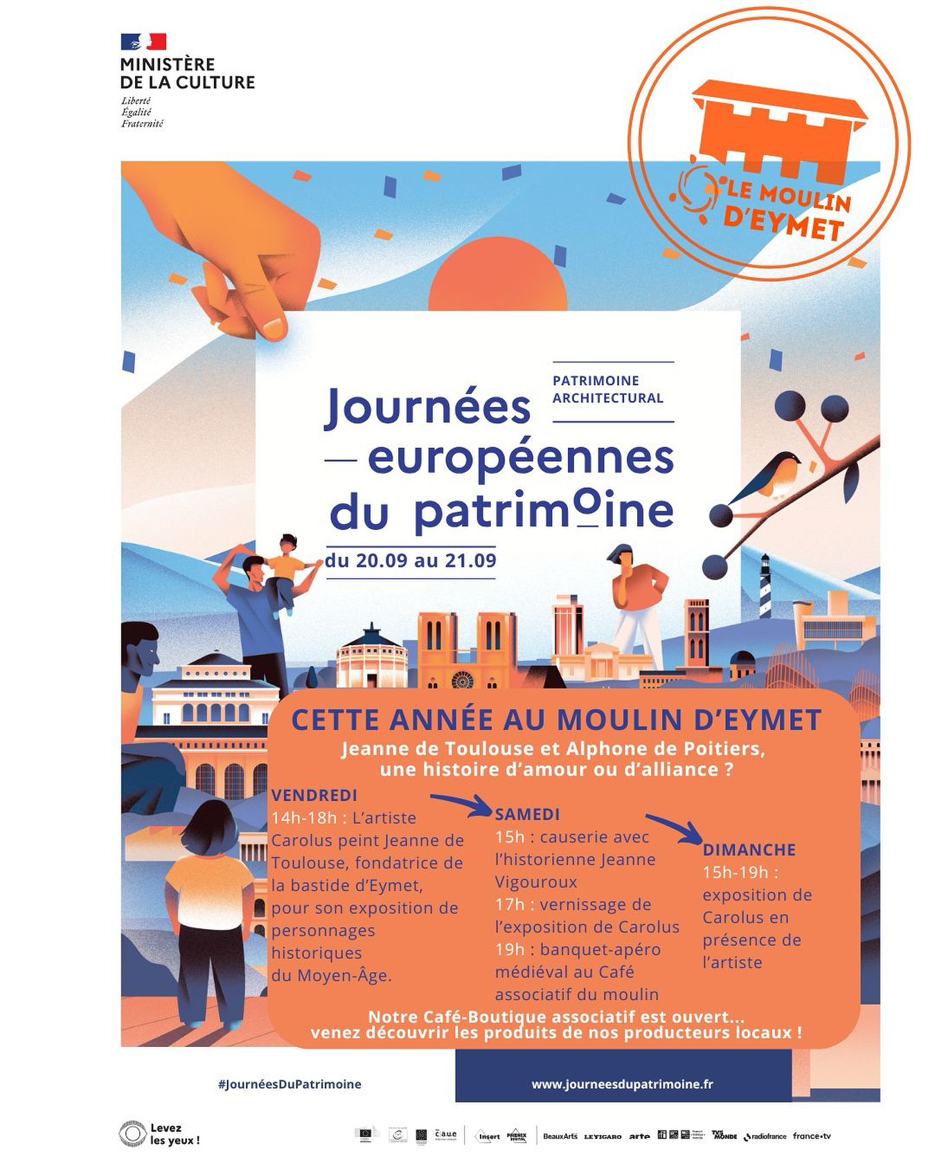 Pour les journĂ©es du Patrimoine, Jeanne de Toulouse, lâĂ©pouse de Alphonse de Poitiers, sera mise Ă lâhonneur :
đïž peinte par lâartiste Carolus qui nous offrira Ă©galement une exposition de ses personnages mĂ©diĂ©vaux peints en grandeur rĂ©elle
đą racontĂ©e par lâhistorienne Jeanne ChĂšvre sur le rĂŽle crucial quâelle a jouĂ© pour la fondation de la bastide dâEymet
Le samedi se terminera par un apéro-banquet médiéval proposé par le Café asso du moulin !