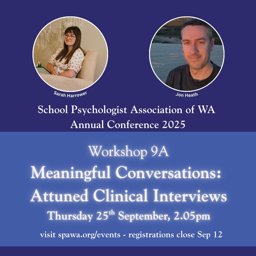 Jon Heath (school psychologist WA) and I are keen to share that in a couple of weeks we are co-presenting again at the School Psychologists Association of WA Conference @school_psych_association_of_wa!
I have presented here about half a dozen times, and always love presenting and also attending. In 2016 I was so honoured to be presented with "Early Career School Psychologist of the Year" which is wild to think that that was NINE years ago!! When I was just a baby psych. I learned so much from SPAWA in my early days, and will continue to learn from them as a more senior psychologist now after a decade of practice.
Jon and I are presenting a contemporary workshop on neuroaffirming and culturally informed clinical interviewing aligned with the new PsyBA competencies starting Dec 1. We only have half an hour this time so don't be late after lunch!
We are sharing from both our professional and clinical experience as psychologists and mentors/supervisor, alongside lived experience ourselves as neurodivergent folks and lived experience as parents.
Also keen to watch @amandamosespsychology keynote in the morning - we will be building on her talk! Neurokin ❤️
Registrations close on Friday 12th Sep, don't miss out!