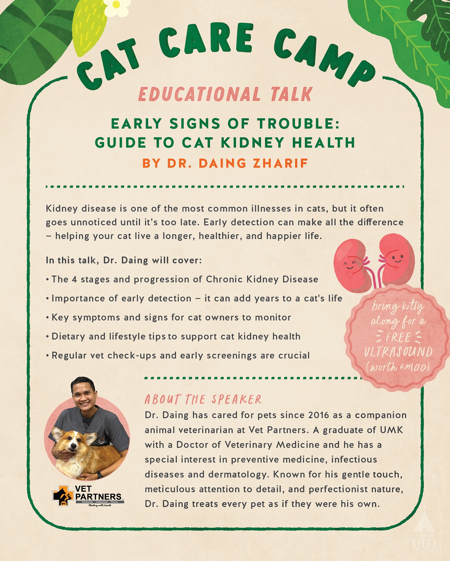 Chronic Kidney Disease (CKD) is one of the top causes of illness and death in cats — but with early detection, you can add years of health and happiness to kitty’s life 🧡
At Cat Care Camp, Dr. Daing from Vet Partners will guide you through:
✨ The 4 stages of CKD
✨ Key signs every cat parent should watch for
✨ Dietary & lifestyle tips to support kidney health
✨ Why regular vet check-ups save lives
🏥 Attendees get a FREE cat ultrasound (worth RM100) when you bring your kitty along!
📅 27 Sept 2025, Saturday
❶ 11am - 2pm | ❷ 1pm - 4pm
📍 Camp Kitty, Sunway City Iskandar Puteri
💲 ᴿᴹ20 per pax (members’ special: ᴿᴹ30/2 pax)
🎟 Seats are limited — tap the link in bio to get your ticket now!